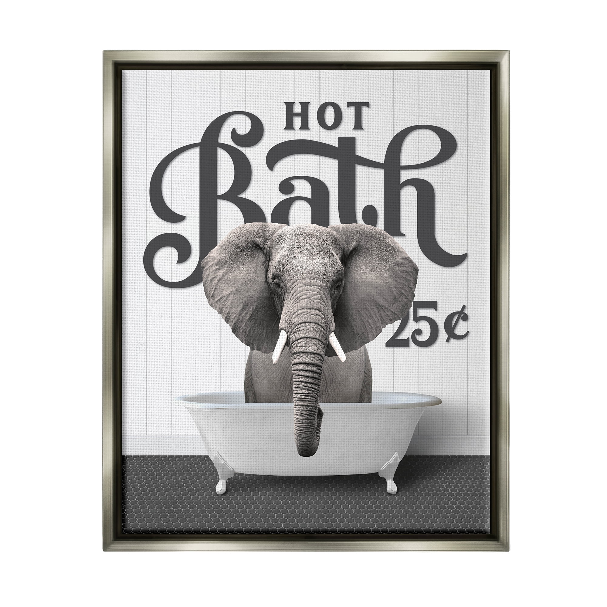 Stupell Industries Vintage Hot Bath Elephant Animals & Insects Painting Gray Floater Framed Art Print Wall Art, 17 x 21