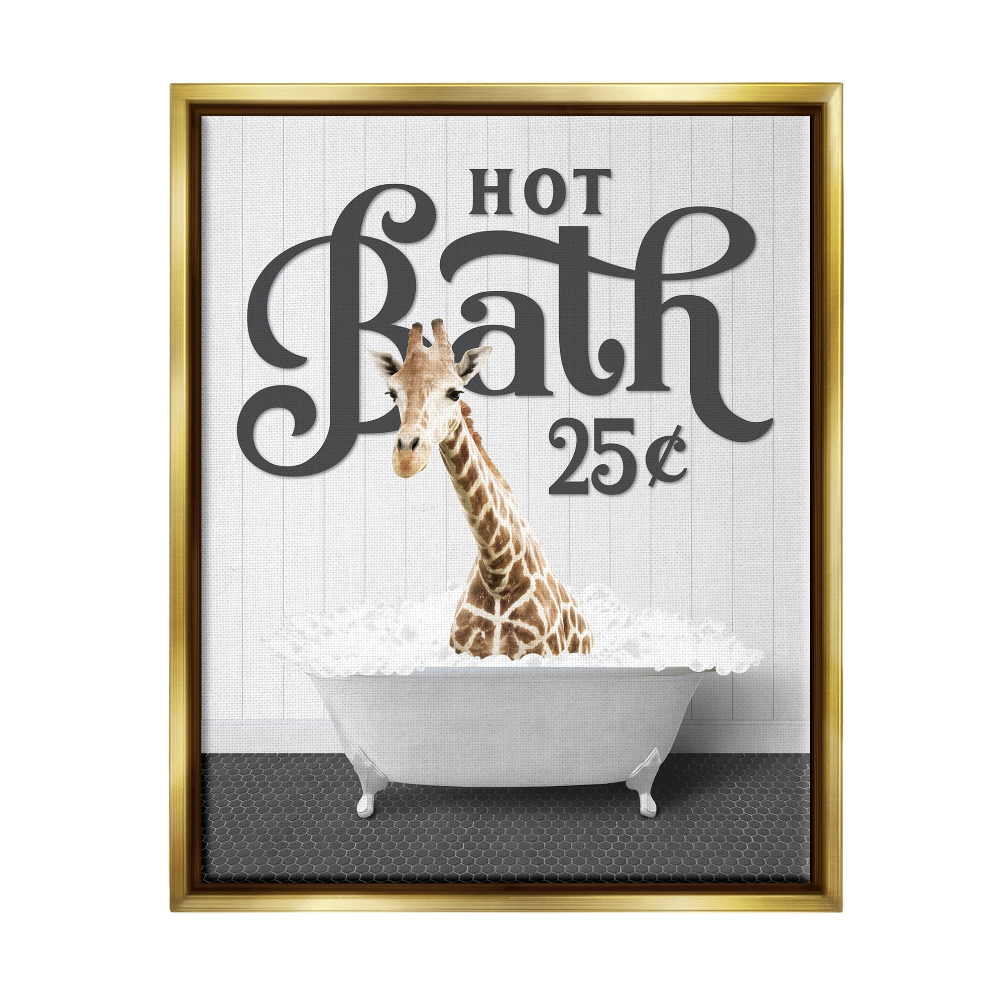 Stupell Industries Vintage Hot Bath Giraffe Animals & Insects Painting Gold Floater Framed Art Print Wall Art, 17 x 21