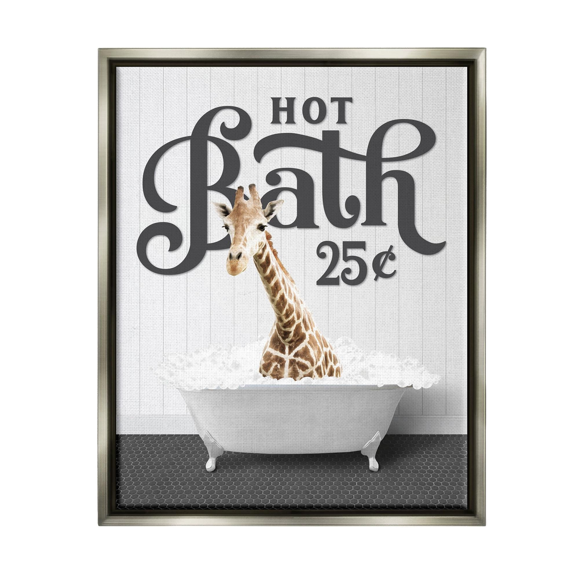Stupell Industries Vintage Hot Bath Giraffe Animals & Insects Painting Gray Floater Framed Art Print Wall Art, 17 x 21