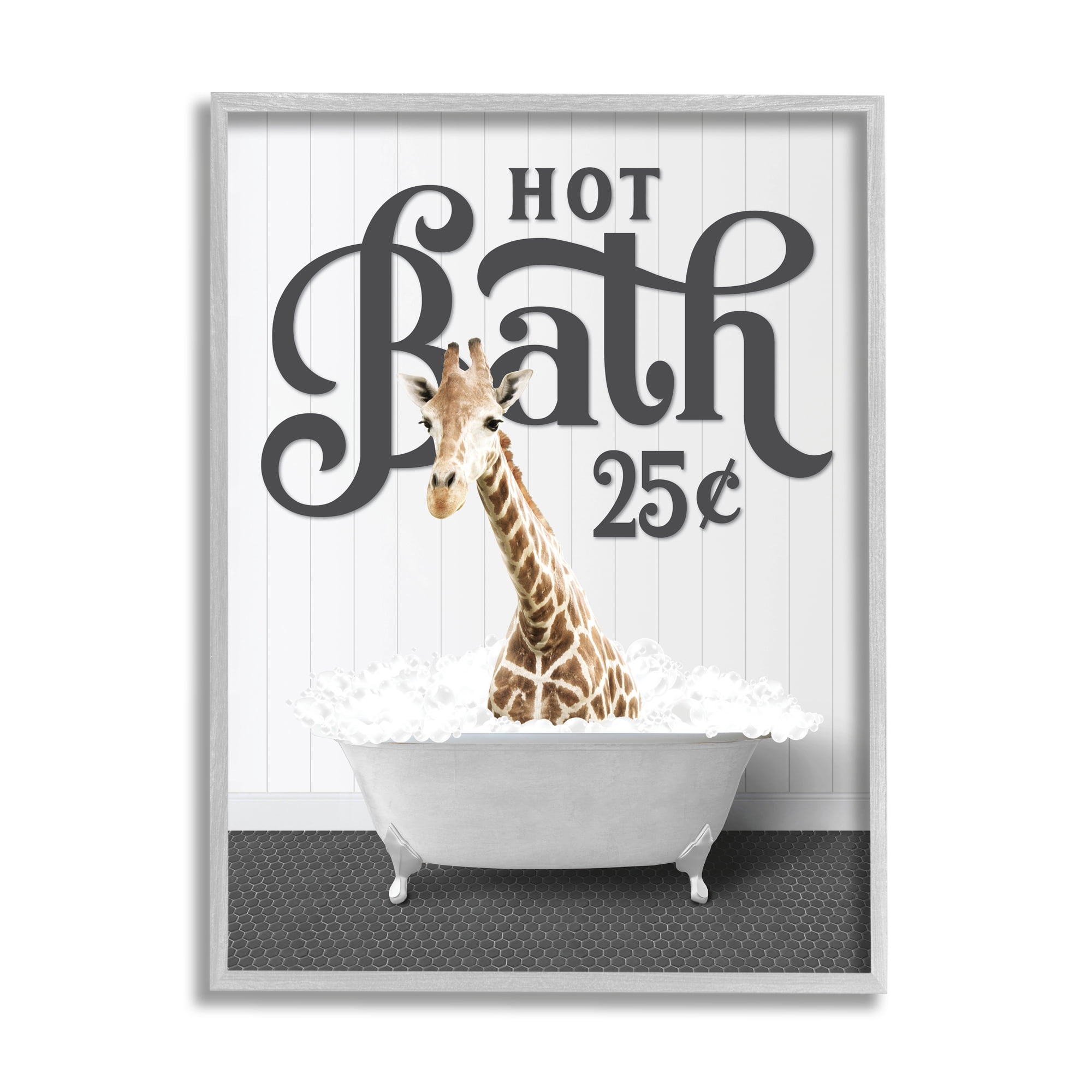 Stupell Industries Vintage Hot Bath Giraffe Animals & Insects Painting Gray Framed Art Print Wall Art, 24 x 30