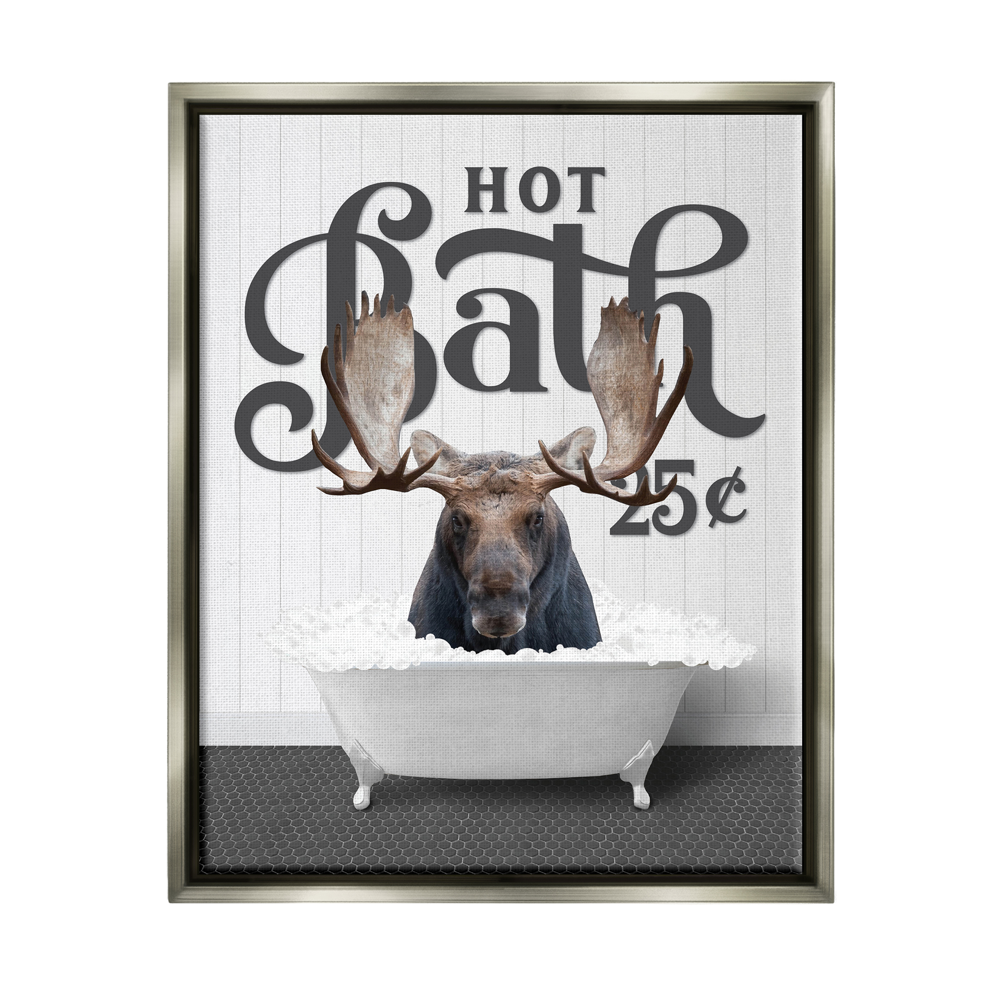 Stupell Industries Vintage Hot Bath Moose Animals & Insects Painting Gray Floater Framed Art Print Wall Art, 17 x 21