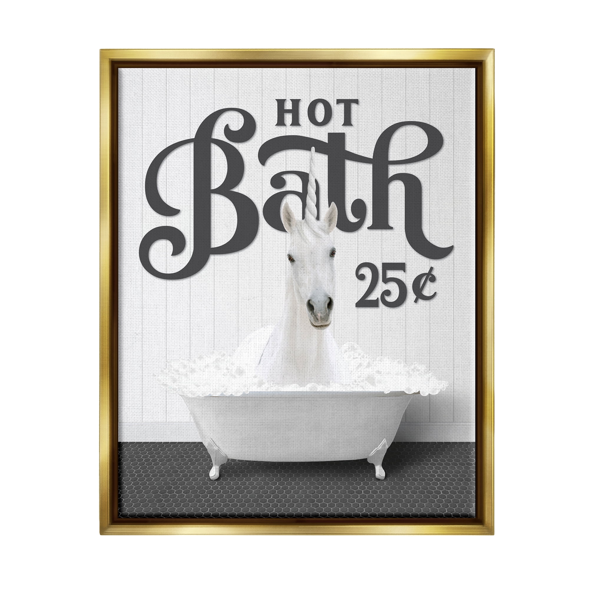 Stupell Industries Vintage Hot Bath Unicorn Animals & Insects Painting Gold Floater Framed Art Print Wall Art, 17 x 21