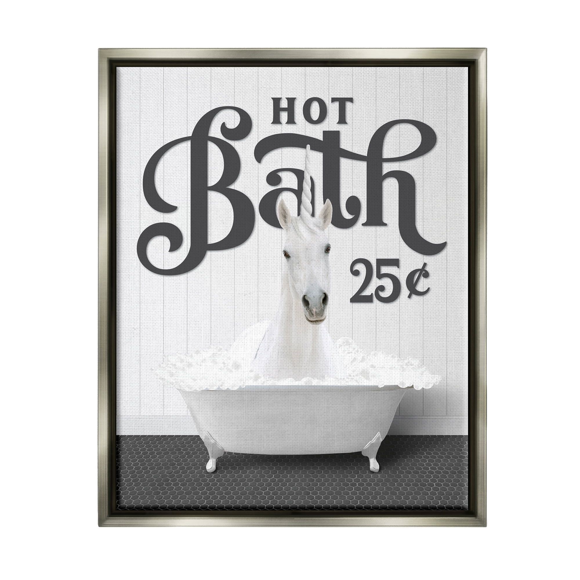 Stupell Industries Vintage Hot Bath Unicorn Animals & Insects Painting Gray Floater Framed Art Print Wall Art, 17 x 21
