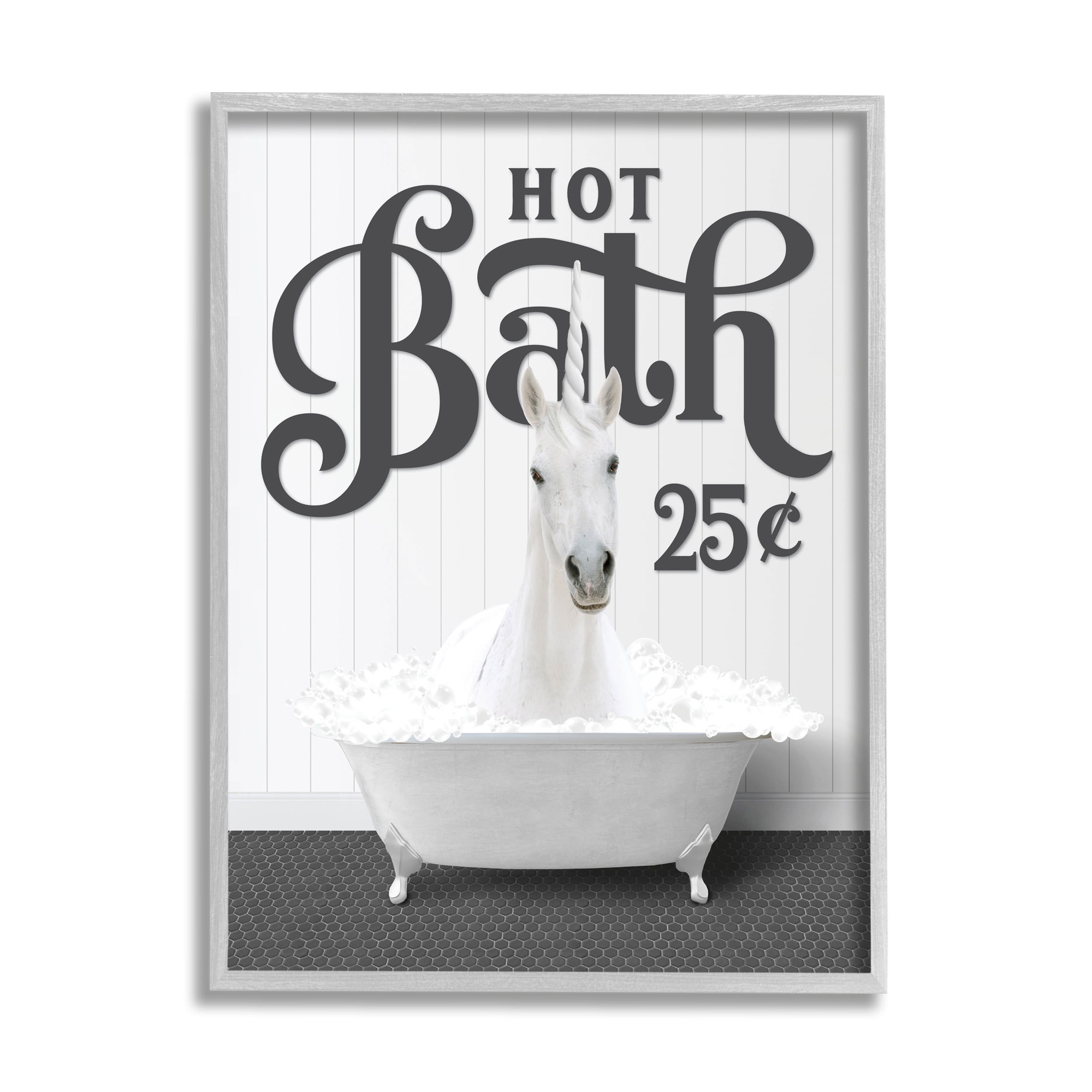 Stupell Industries Vintage Hot Bath Unicorn Animals & Insects Painting Gray Framed Art Print Wall Art, 24 x 30
