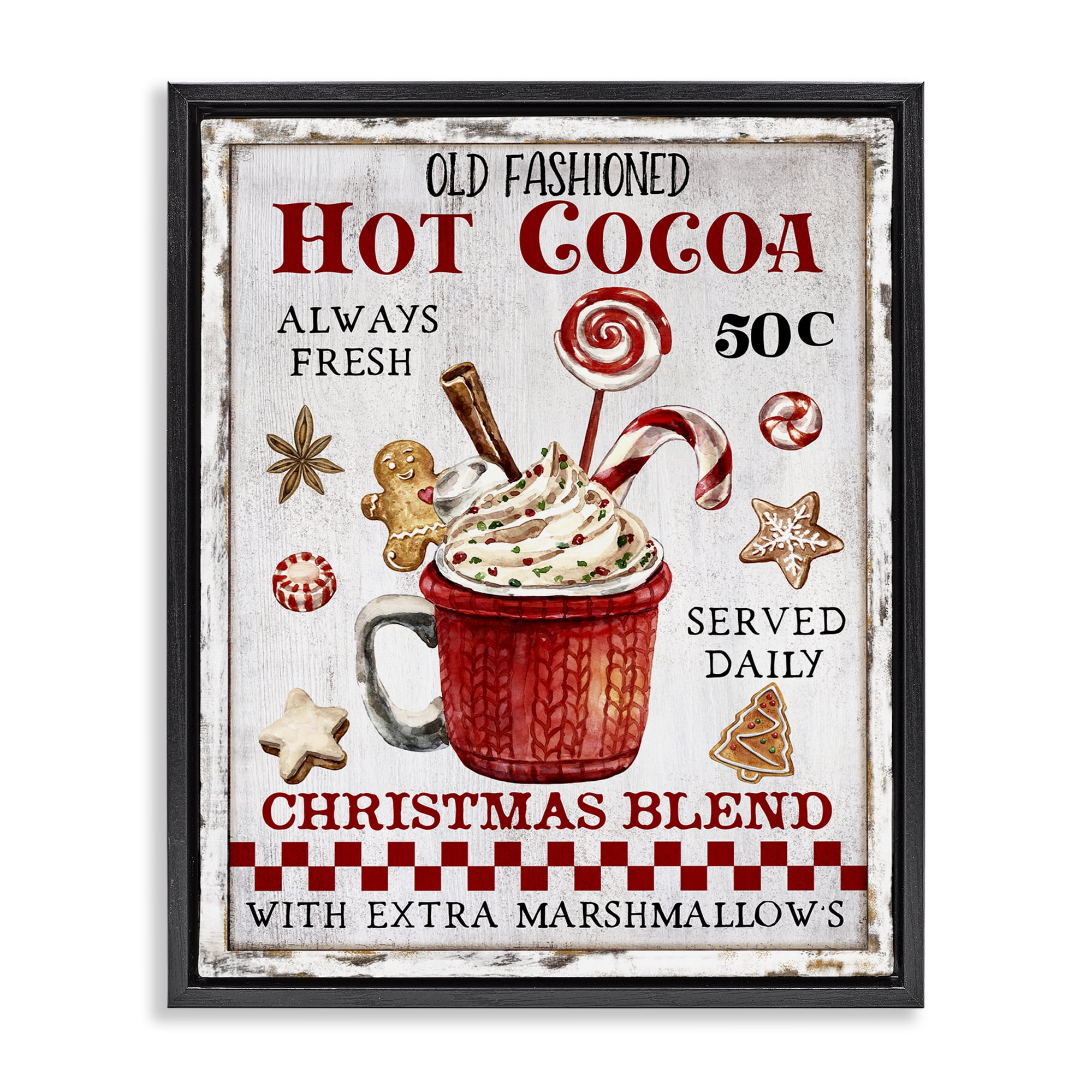 Stupell Industries Vintage Hot Cocoa Holiday Painting Black Floater Framed Canvas Art Prints Wall Art, 25 x 31