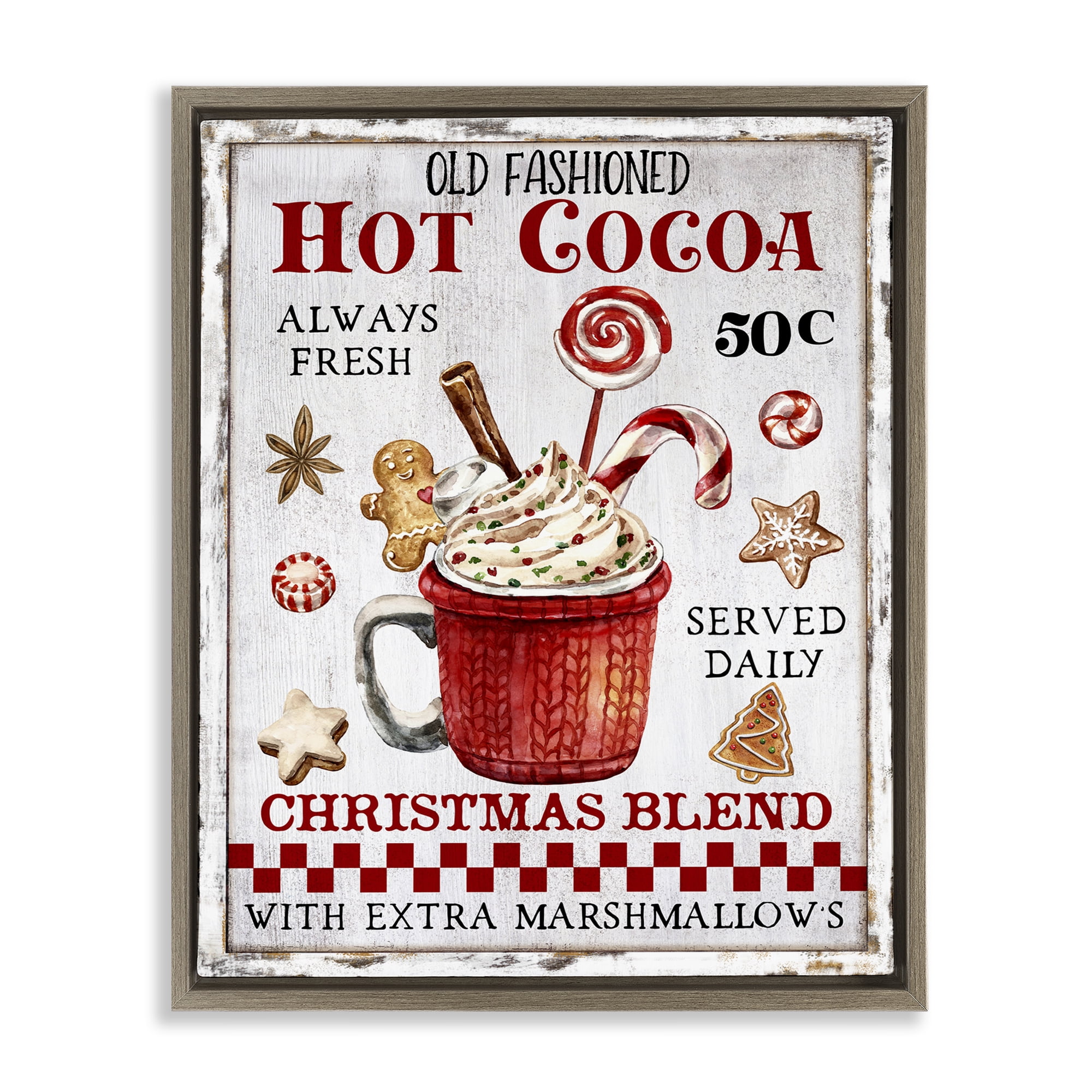 Stupell Industries Vintage Hot Cocoa Holiday Painting Brown Floater Framed Canvas Art Prints Wall Art, 17 x 21