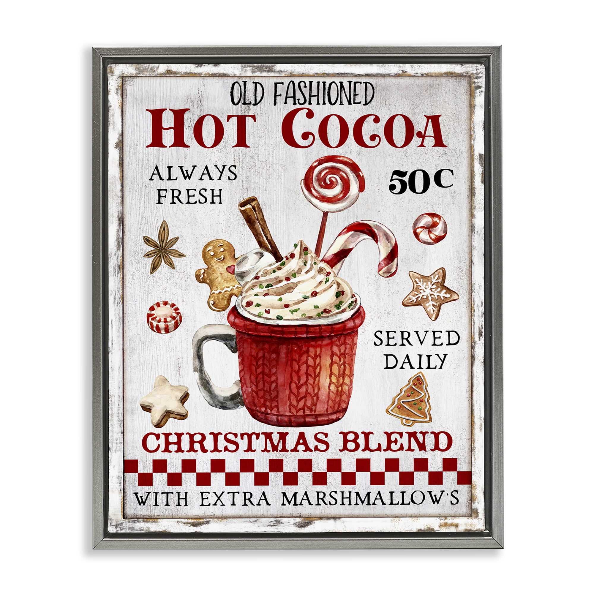 Stupell Industries Vintage Hot Cocoa Holiday Painting Gray Floater Framed Canvas Art Prints Wall Art, 17 x 21