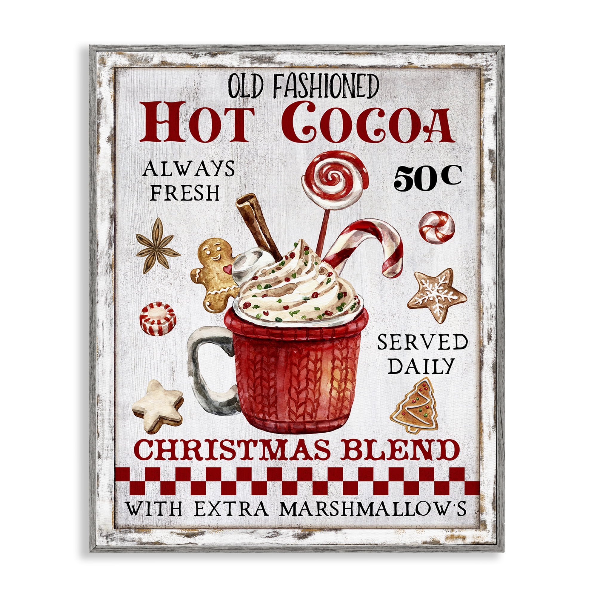 Stupell Industries Vintage Hot Cocoa Holiday Painting Gray Framed Art Prints Wall Art, 24 x 30