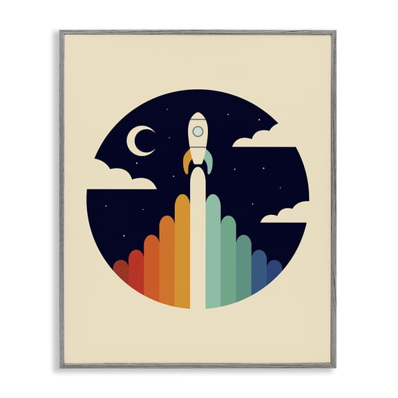 Stupell Industries Vintage Hued Spaceship Outer Space Painting Gray Framed Art Print Wall Art, 16 x 20