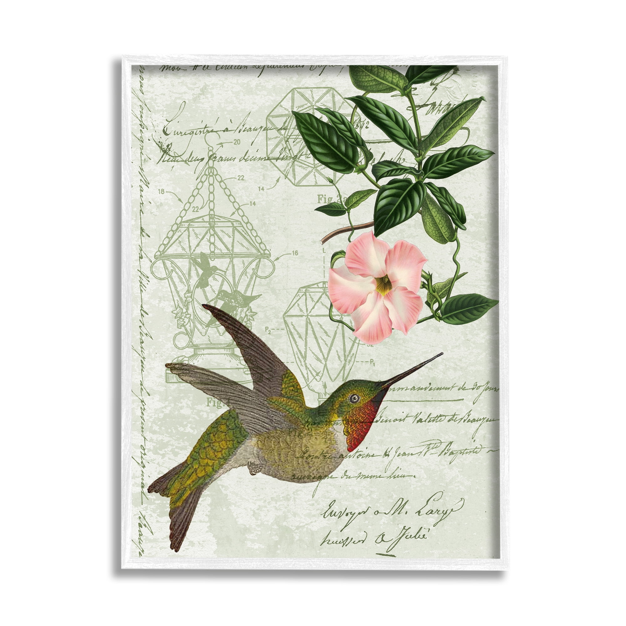 Stupell Industries Vintage Hummingbird Feeder Patent Pink Floral Antique Script, 11 x 14, Design by Daphne Polselli