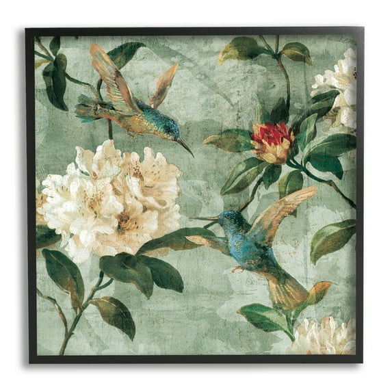 Stupell Industries Vintage Hummingbird & Flowers Botanical & Floral Painting Black Framed Art Print Wall Art, 24 x 24