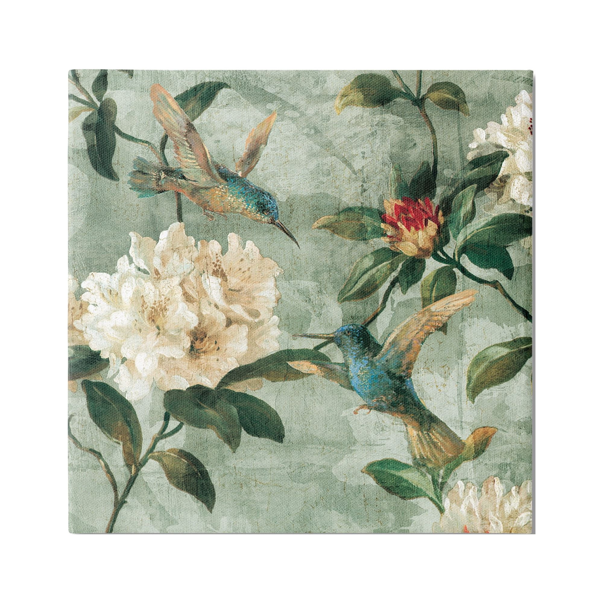 Stupell Industries Vintage Hummingbird & Flowers Botanical & Floral Painting Gallery Wrapped Canvas Art Print Wall Art, 17 x 17