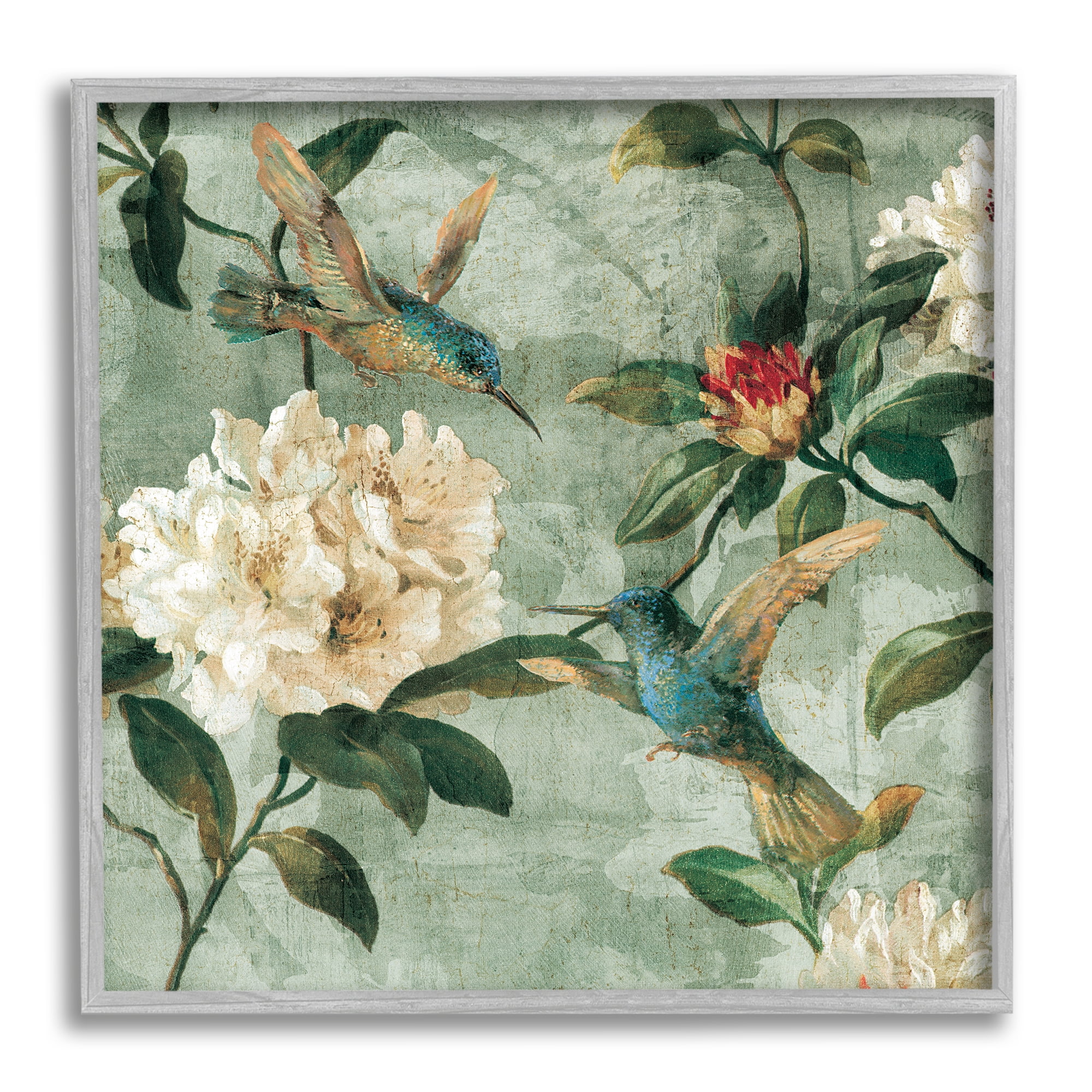 Stupell Industries Vintage Hummingbird & Flowers Botanical & Floral Painting Gray Framed Art Print Wall Art, 24 x 24