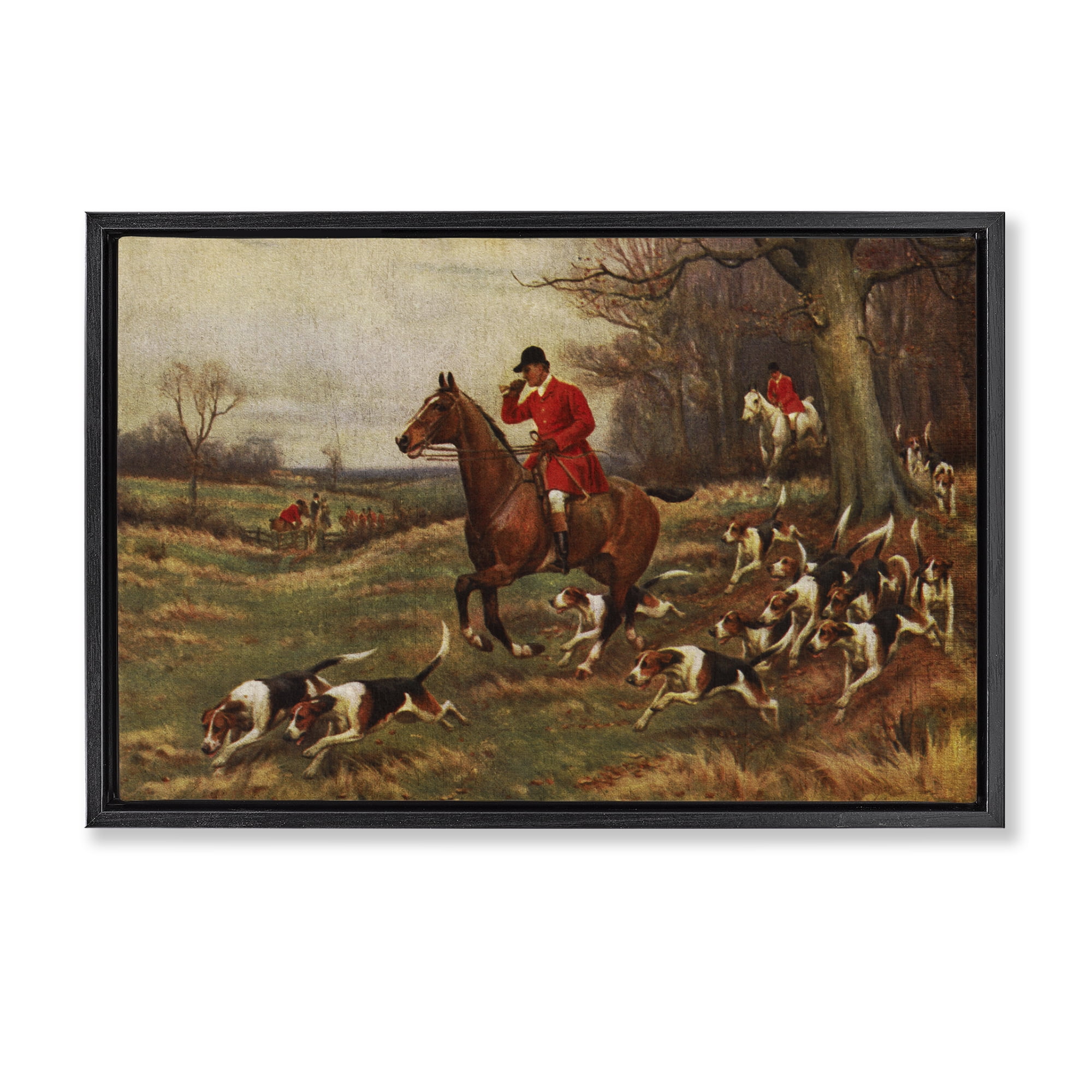 Stupell Industries Vintage Hunting Party Dogs People Painting Black Floater Framed Canvas Art Print Wall Art, 31 x 21