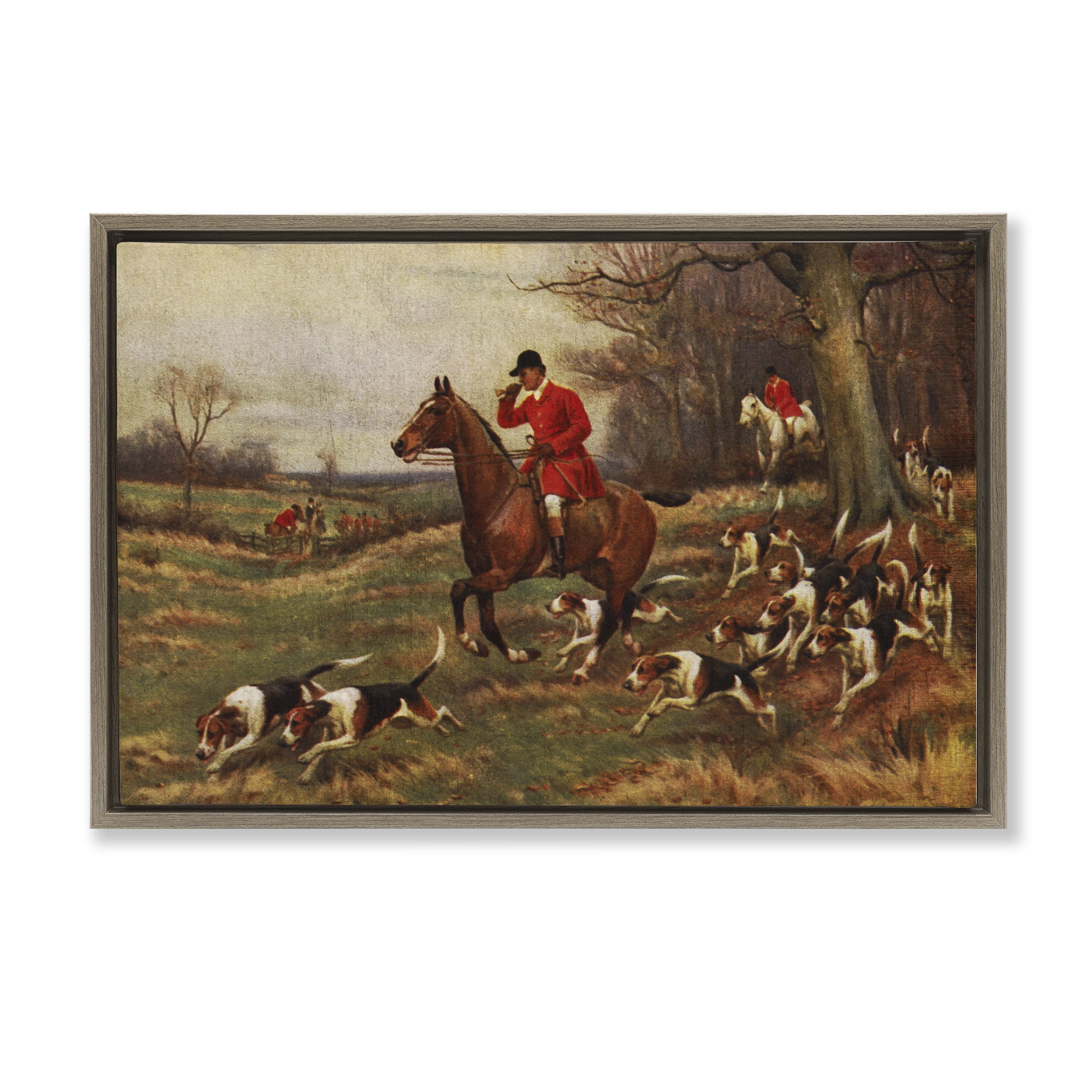 Stupell Industries Vintage Hunting Party Dogs People Painting Brown Floater Framed Canvas Art Print Wall Art, 31 x 21