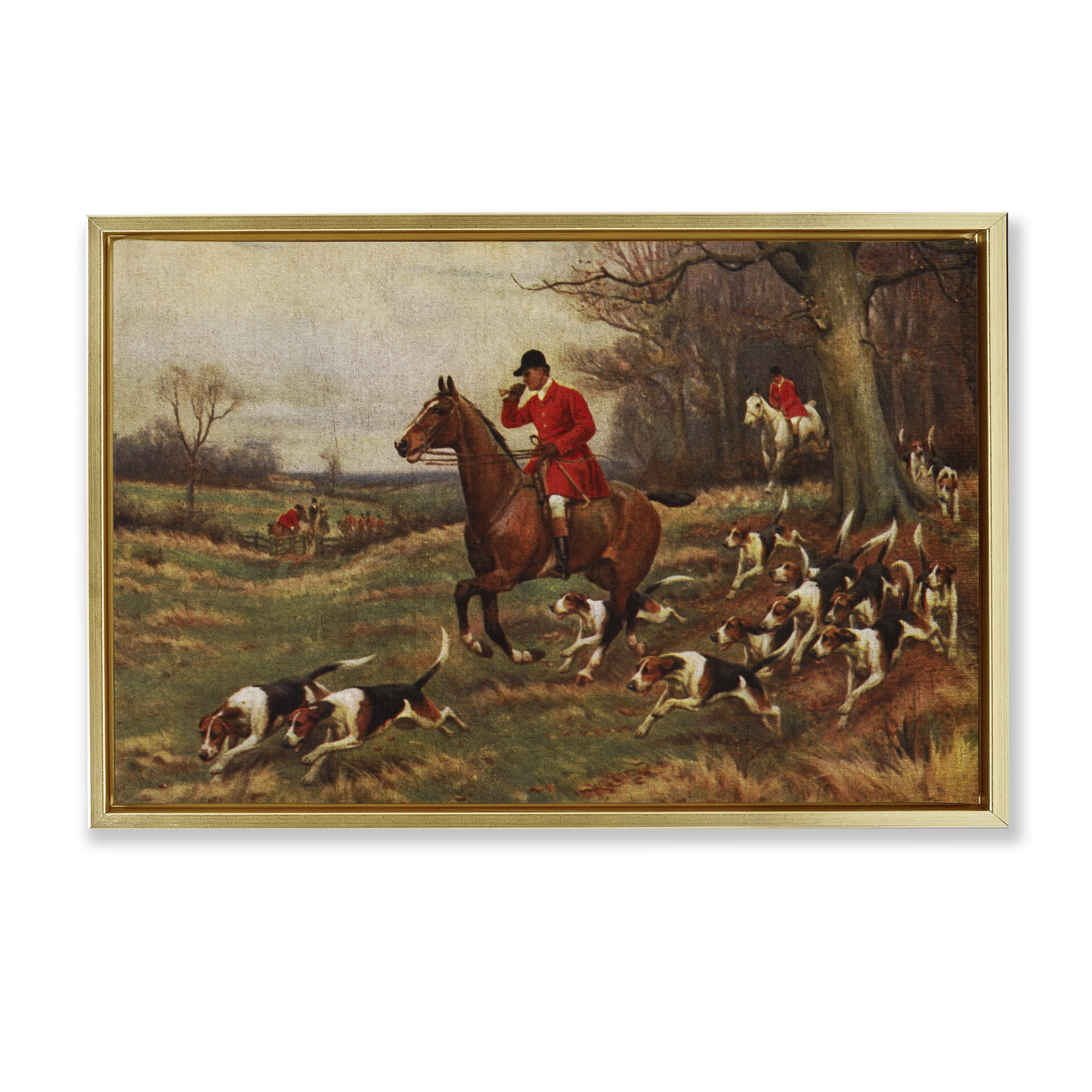 Stupell Industries Vintage Hunting Party Dogs People Painting Gold Floater Framed Canvas Art Print Wall Art, 25 x 17