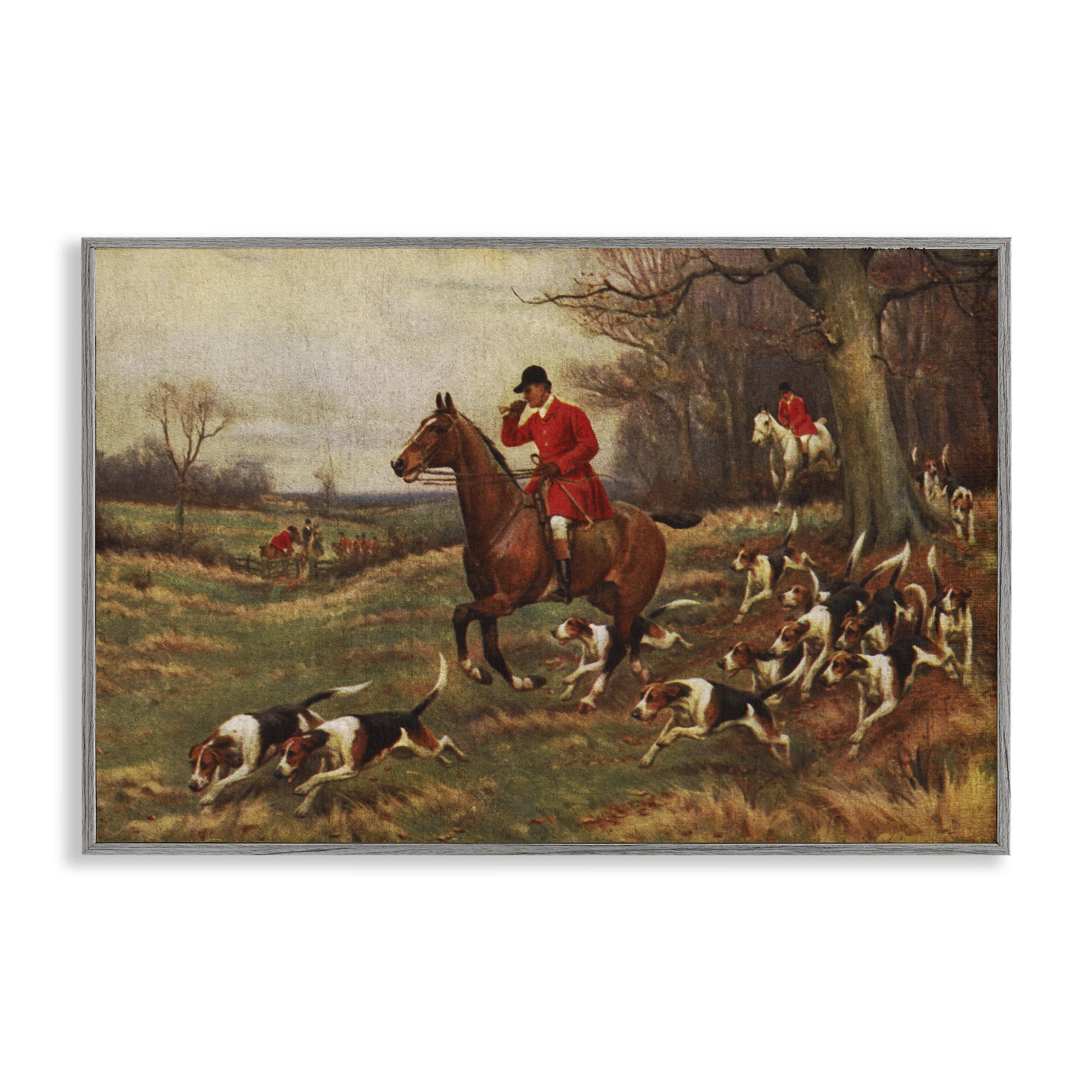Stupell Industries Vintage Hunting Party Dogs People Painting Gray Framed Art Print Wall Art, 18 x 12