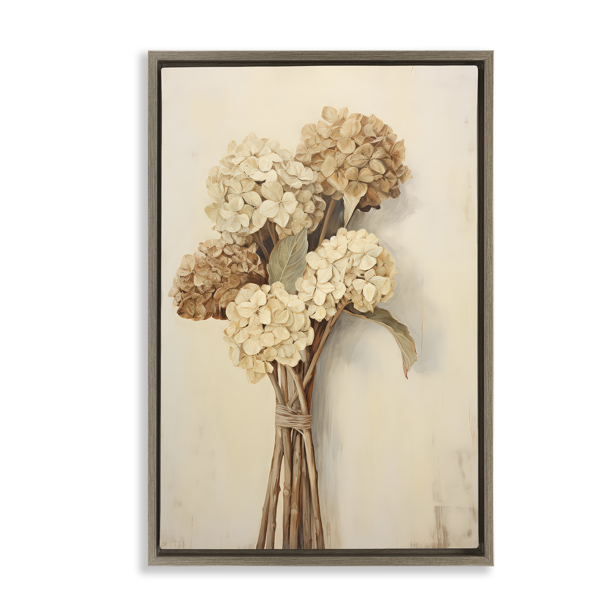 Stupell Industries Vintage Hydrangea Bundle Plants & Flowers Painting Brown Floater Framed Canvas Art Print Wall Art, 17 x 25