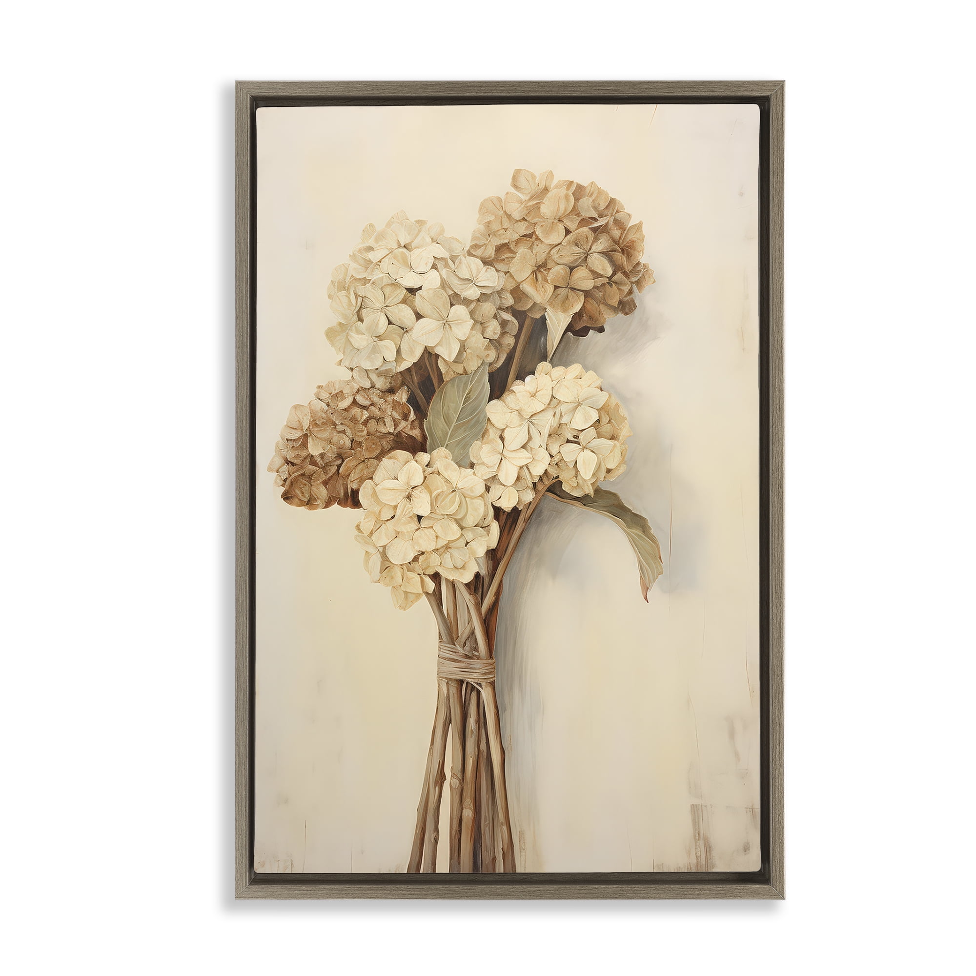 Stupell Industries Vintage Hydrangea Bundle Plants & Flowers Painting Brown Floater Framed Canvas Art Print Wall Art, 21 x 31