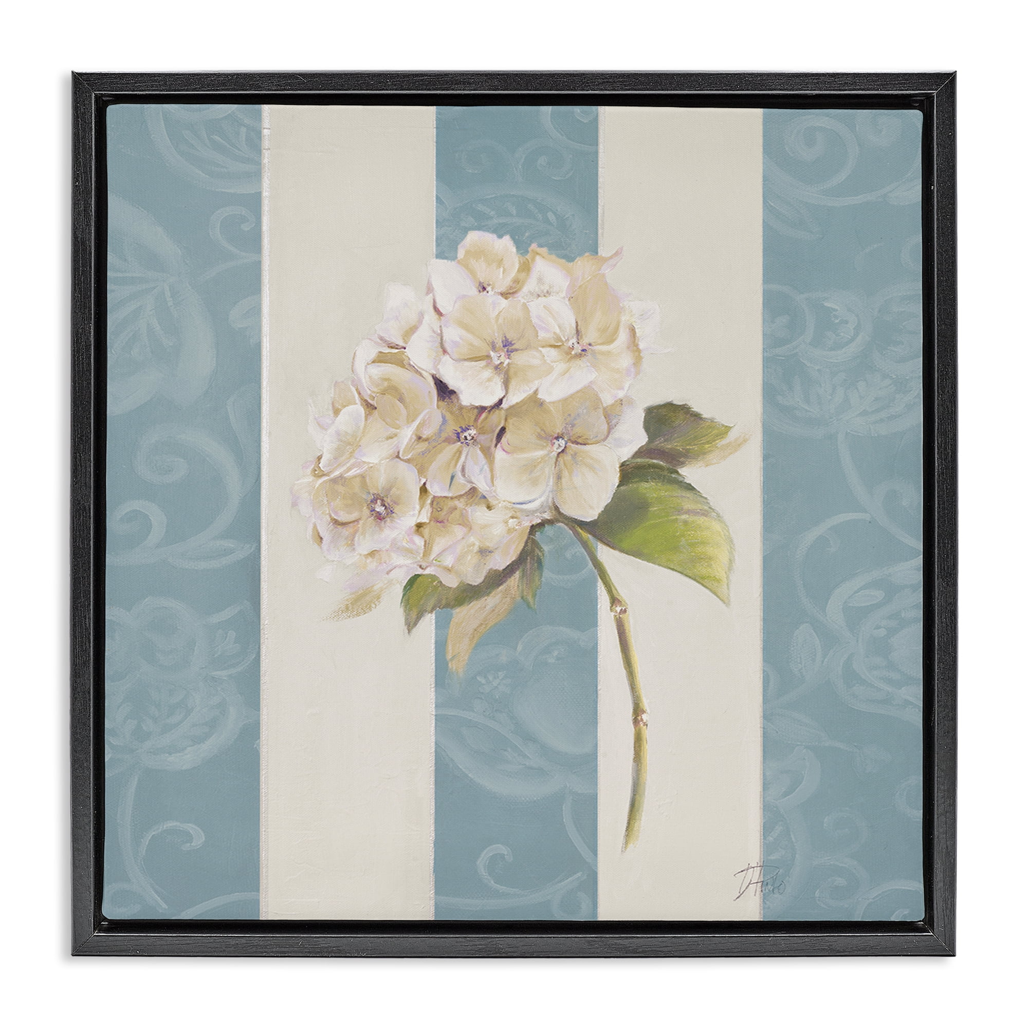 Stupell Industries Vintage Hydrangea Sprig Plants & Flowers Painting Black Floater Framed Canvas Art Print Wall Art, 25 x 25