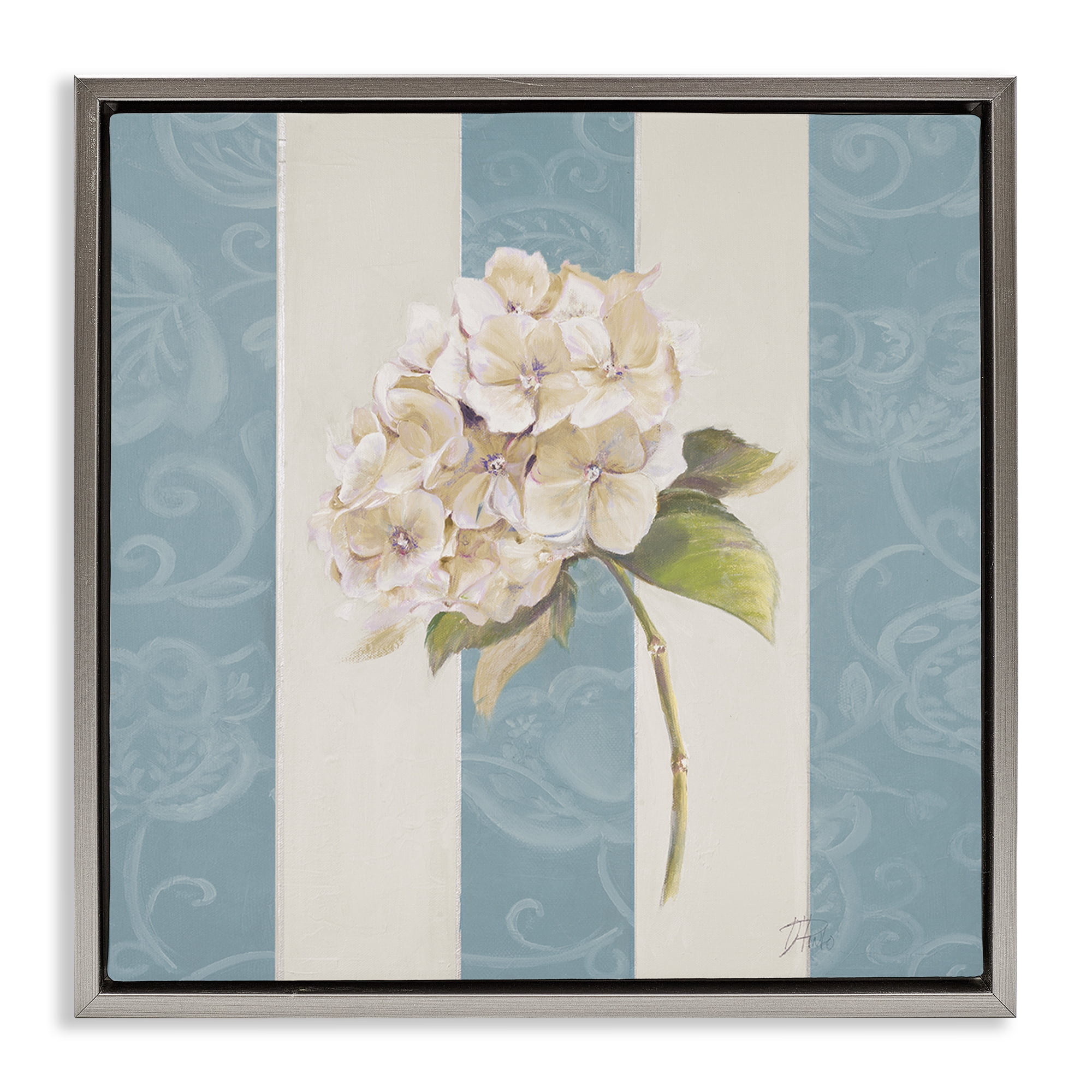 Stupell Industries Vintage Hydrangea Sprig Plants & Flowers Painting Gray Floater Framed Canvas Art Print Wall Art, 18 x 18