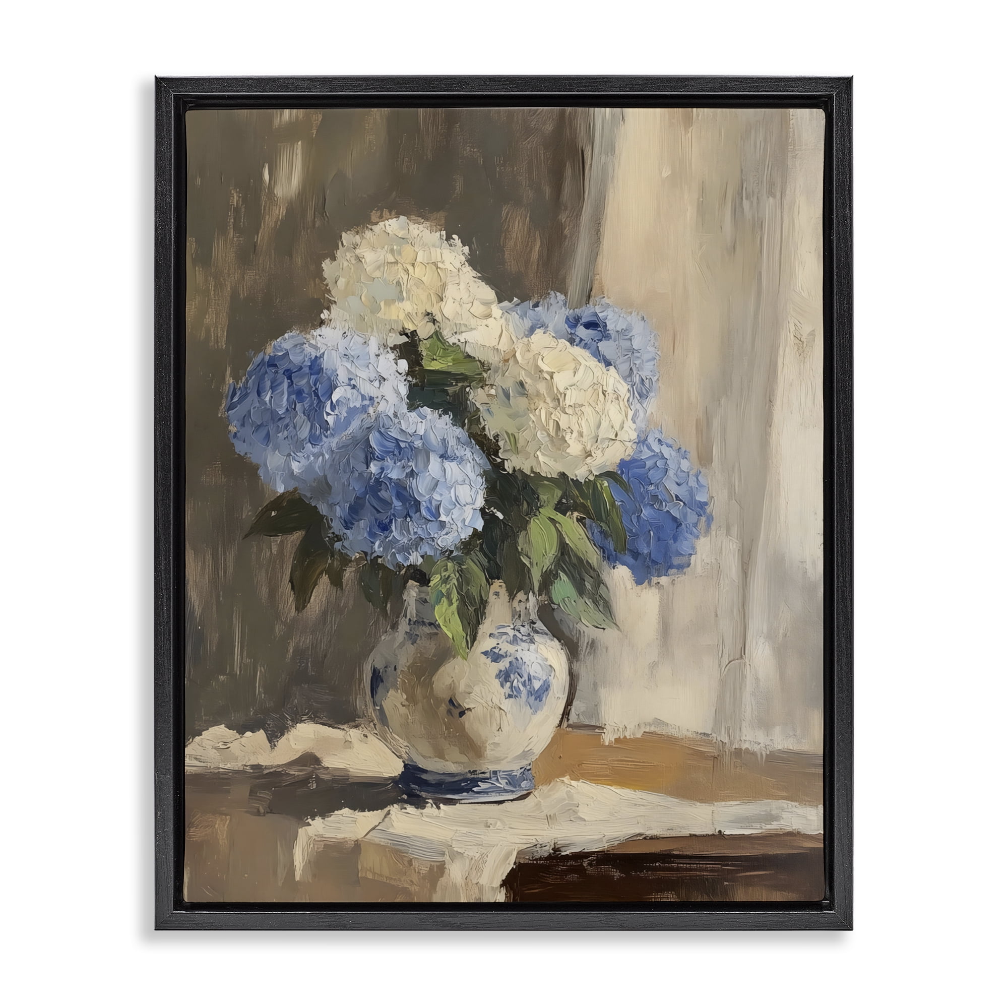 Stupell Industries Vintage Hydrangea in Ceramic Vase Black Framed Floater Canvas Wall Art, design by LSR Design Studio
