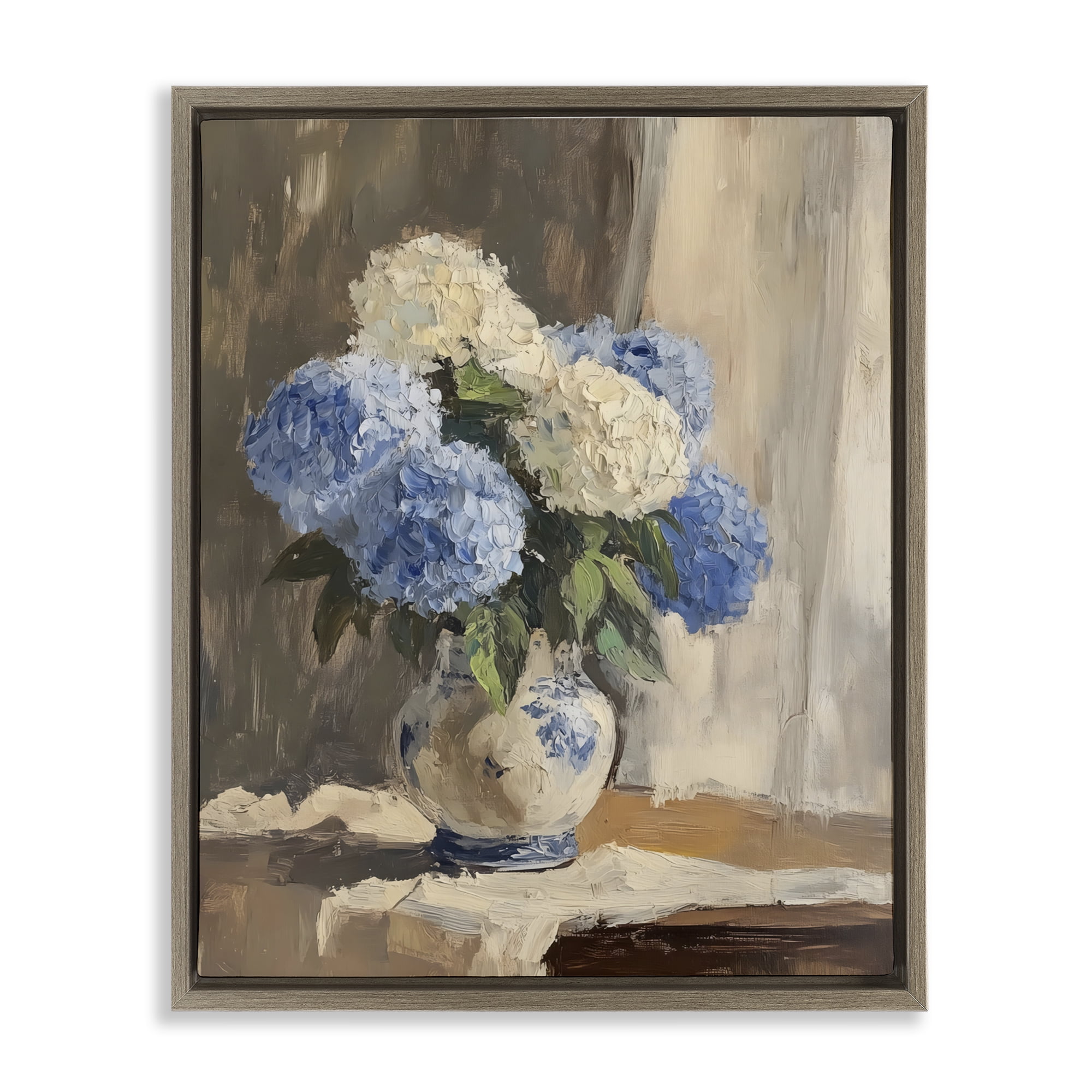 Stupell Industries Vintage Hydrangea in Ceramic Vase Brown Framed Floater Canvas Wall Art, design by LSR Design Studio