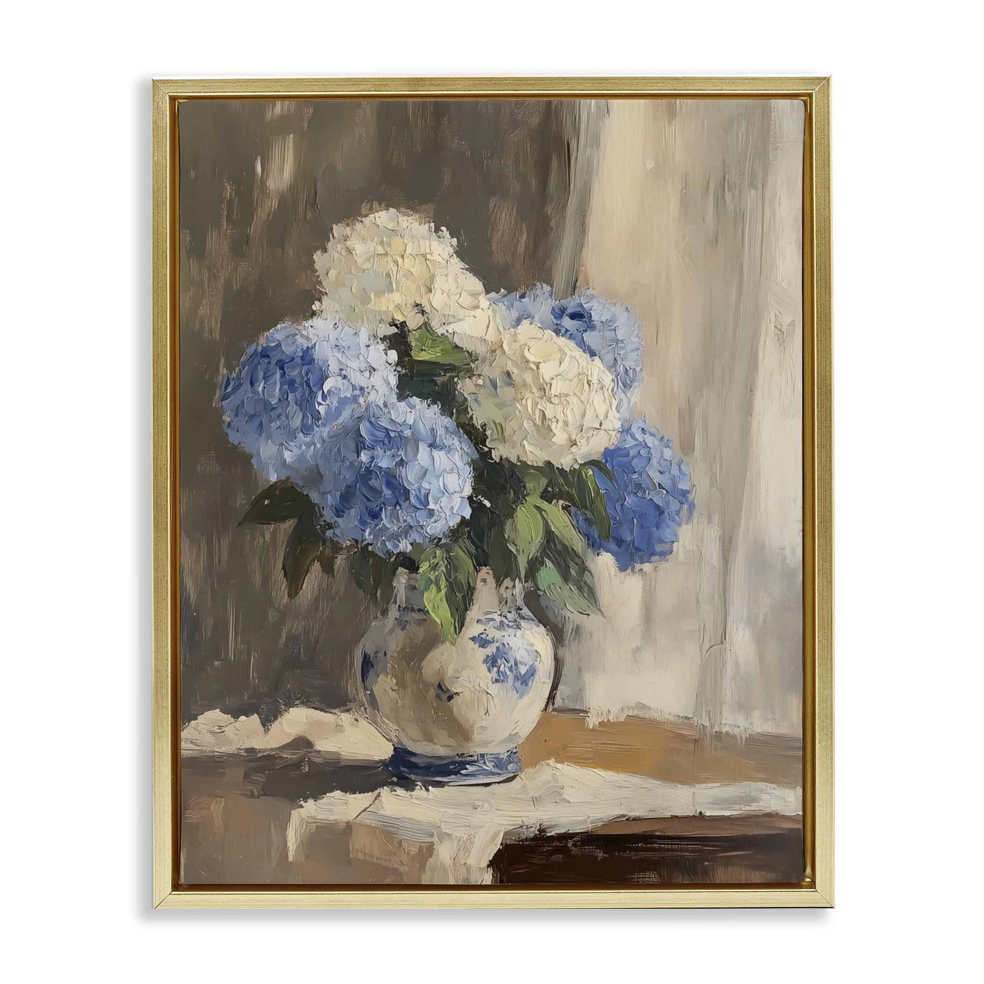 Stupell Industries Vintage Hydrangea in Ceramic Vase Gold Framed Floater Canvas Wall Art, design by LSR Design Studio