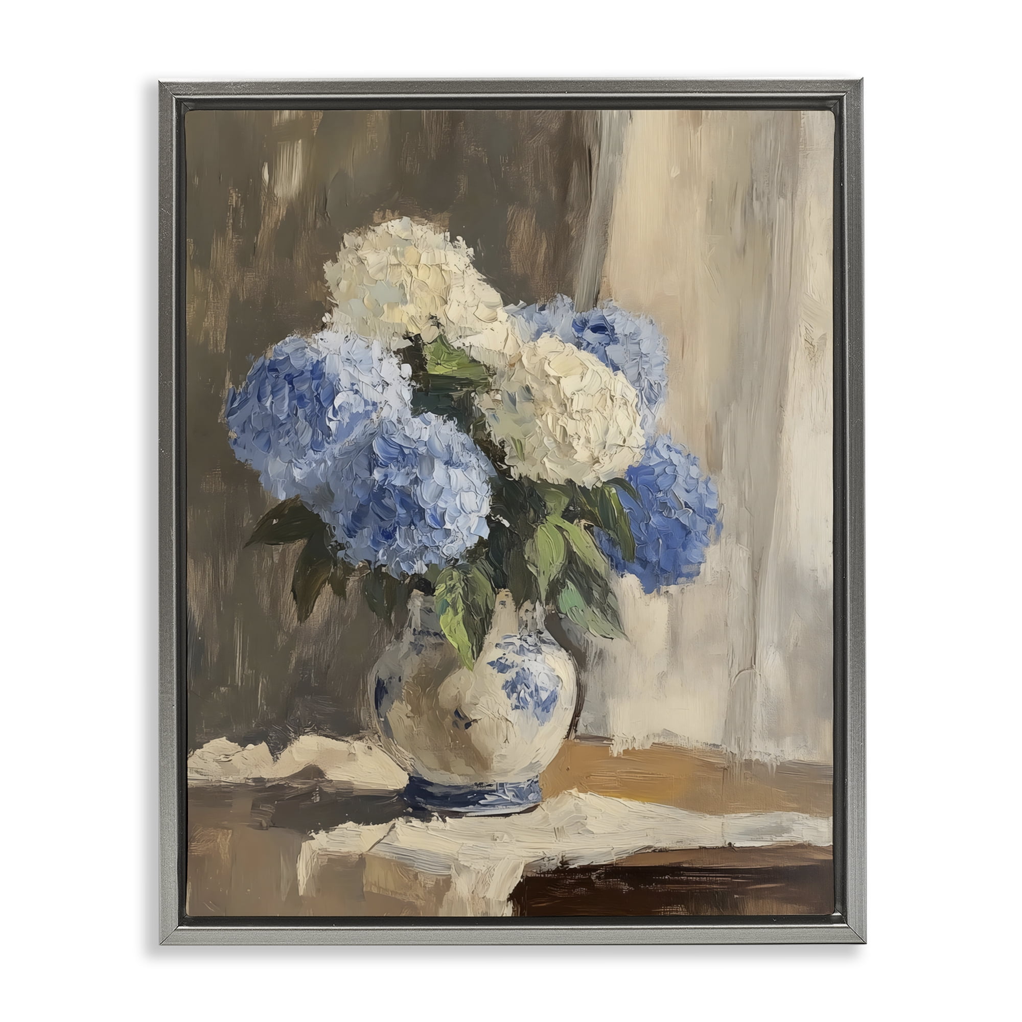 Stupell Industries Vintage Hydrangea in Ceramic Vase Gray Framed Floater Canvas Wall Art, design by LSR Design Studio