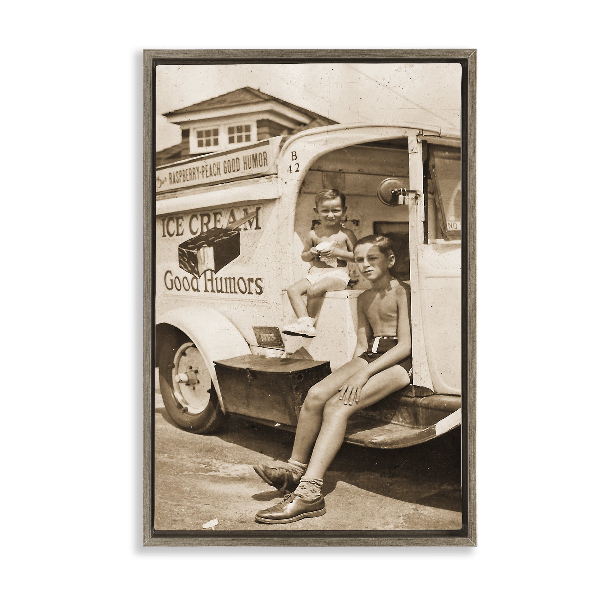 Stupell Industries Vintage Ice Cream Truck Brown Framed Floater Canvas Wall Art, design by Grotto Studios