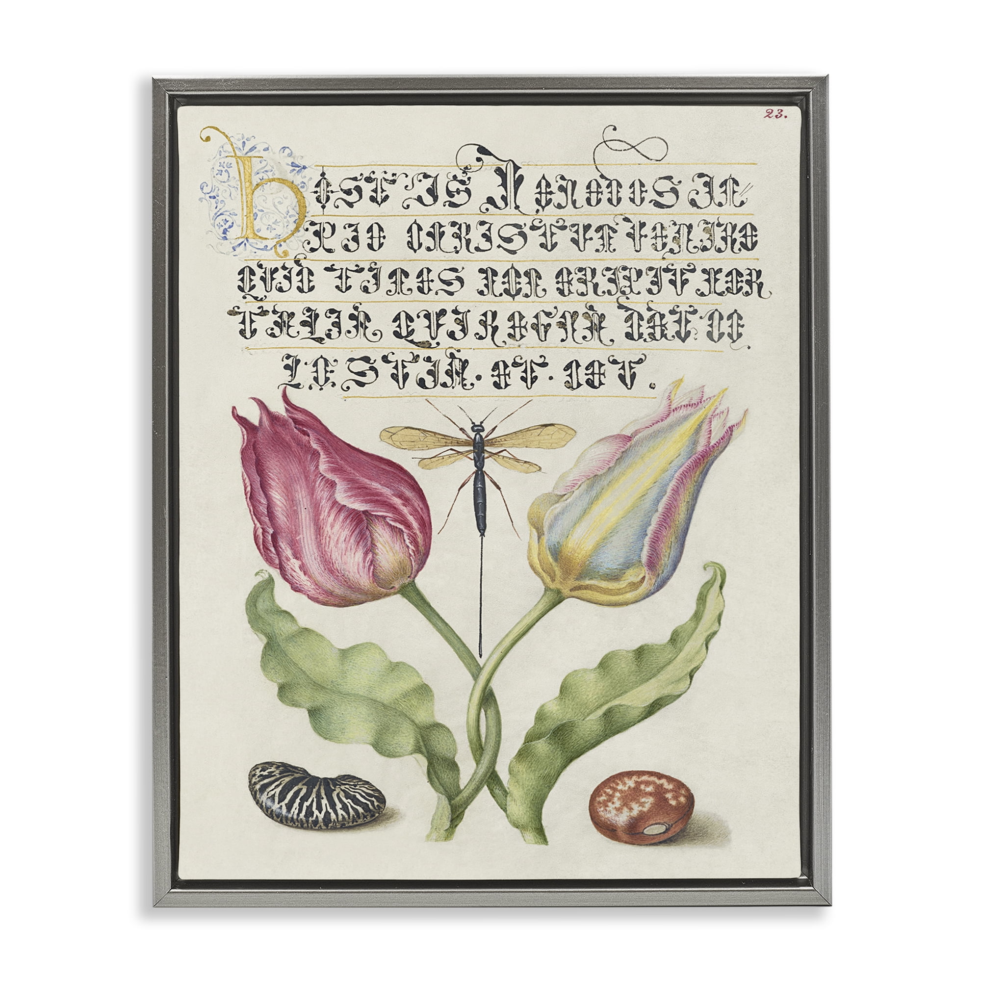 Stupell Industries Vintage Intertwined Flowers Text & Numbers Painting Gray Floater Framed Canvas Art Print Wall Art, 17 x 21