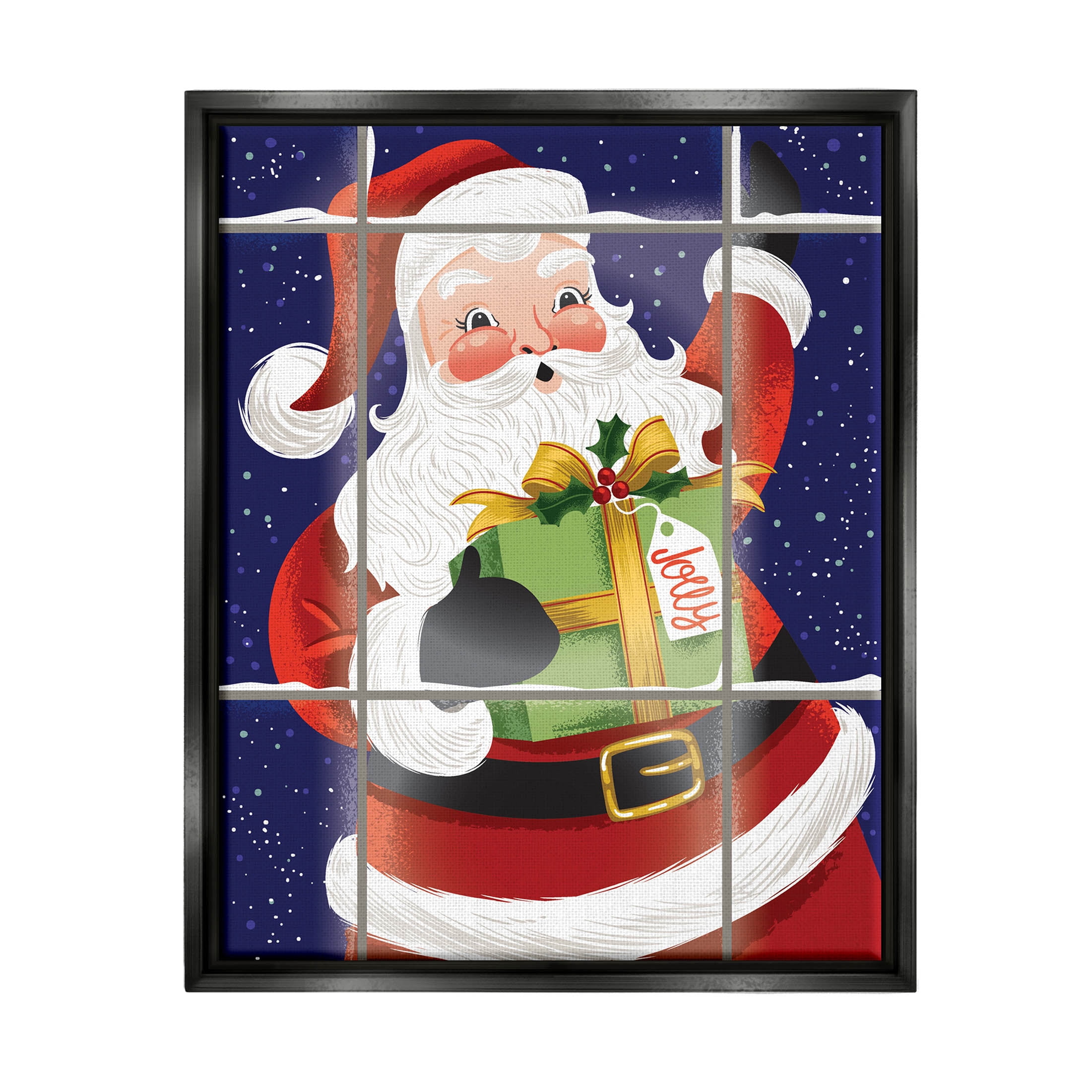 Stupell Industries Vintage Jolly Santa Window Graphic Art Jet Black Floating Framed Canvas Print Wall Art, Design by Arrolynn Weiderhold