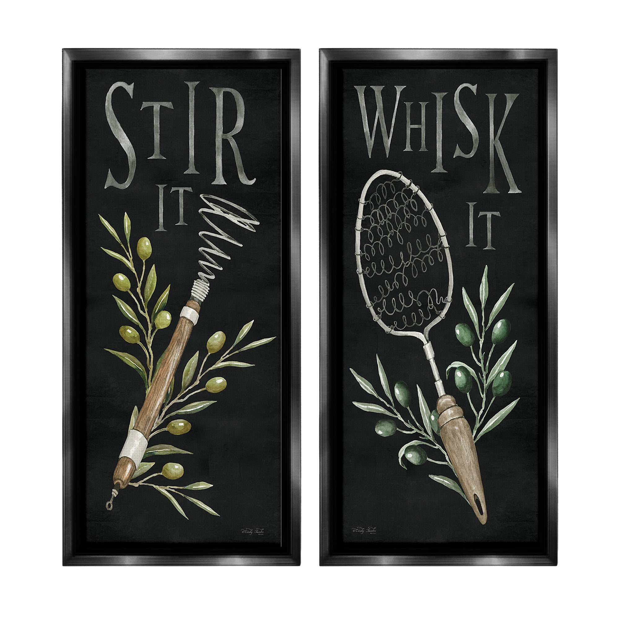 Stupell Industries Vintage Kitchen Phrases Botanical & Floral Painting Black Floater Framed Canvas Art Print Wall Art, 14 x 31, Set of 2
