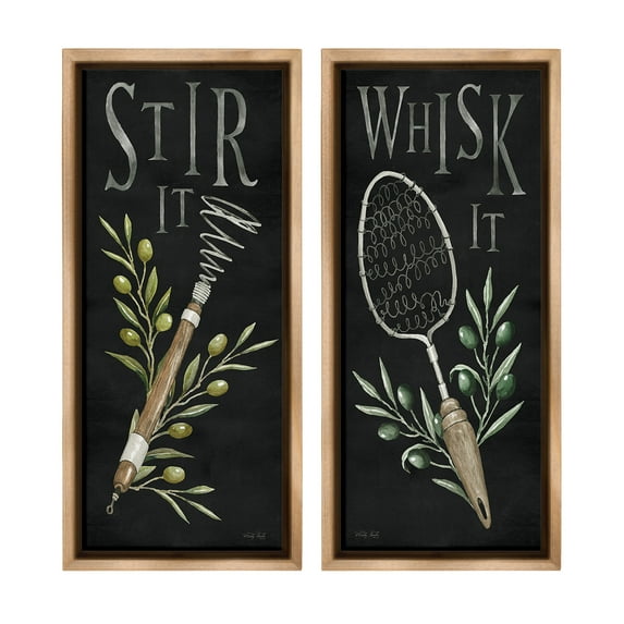 Stupell Industries Vintage Kitchen Phrases Botanical & Floral Painting Brown Floater Framed Canvas Art Print Wall Art, 14 x 31, Set of 2