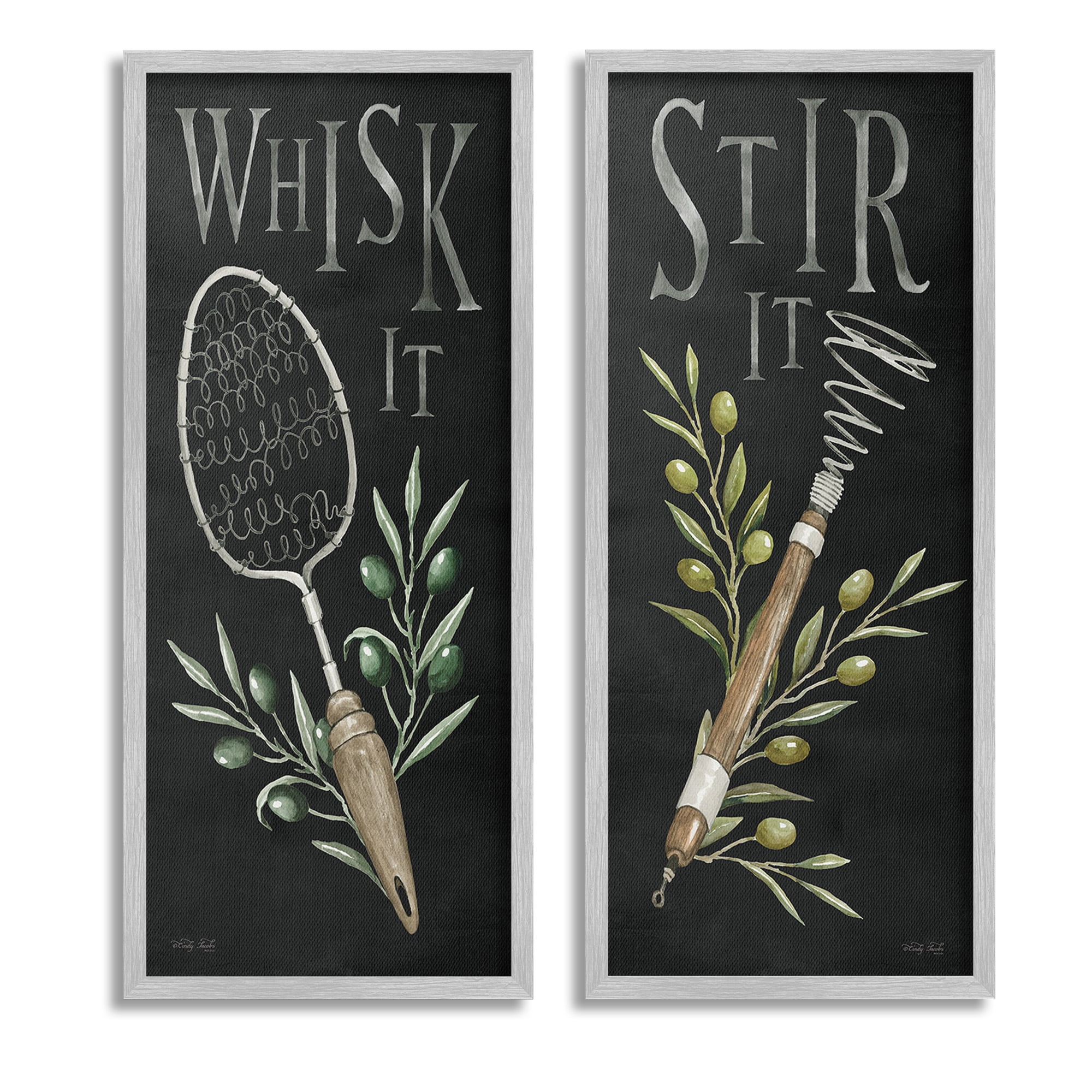 Stupell Industries Vintage Kitchen Phrases Botanical & Floral Painting Gray Framed Art Print Wall Art, 13 x 30, Set of 2