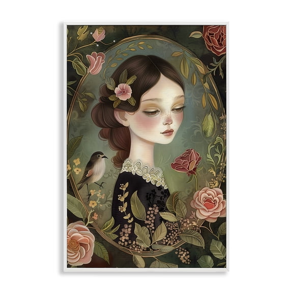 Stupell Industries Vintage Lady & Floral Border Portrait Painting White Framed Art Print Wall Art, 12 x 18