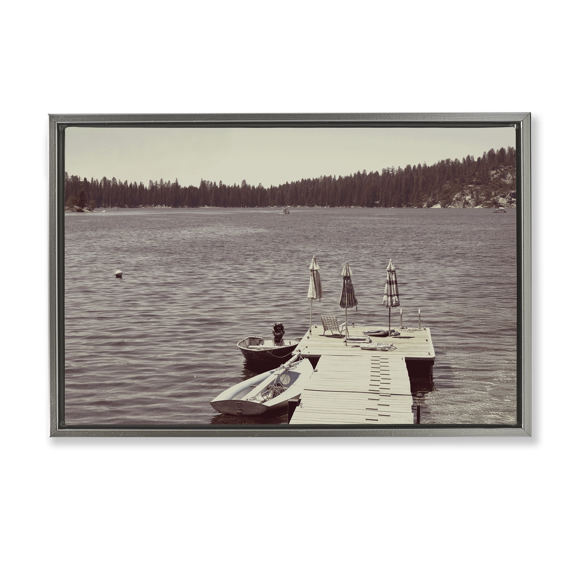 Stupell Industries Vintage Lake Life Dock Gray Framed Floater Canvas Wall Art, design by Gemma Bardot
