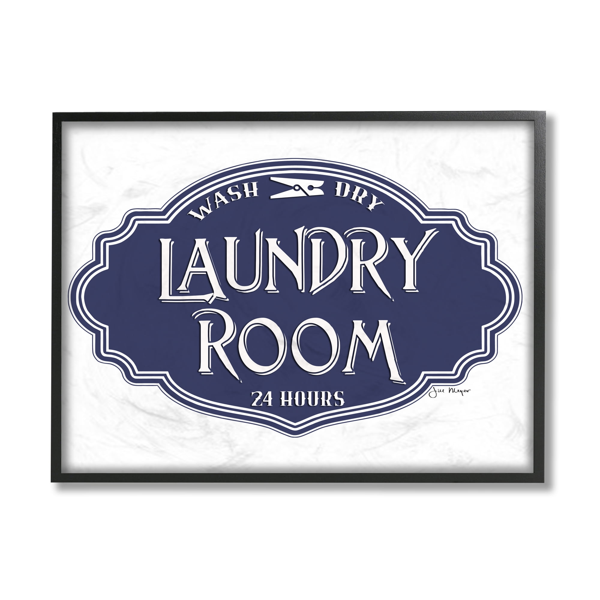Stupell Industries Vintage Laundry Room Sign Minimal Blue White Typography Painting Black Framed Art Print Wall Art, 16 x 20