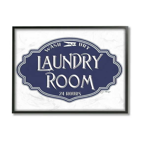 Stupell Industries Vintage Laundry Room Sign Minimal Blue White Typography Painting Black Framed Art Print Wall Art, 24 x 30
