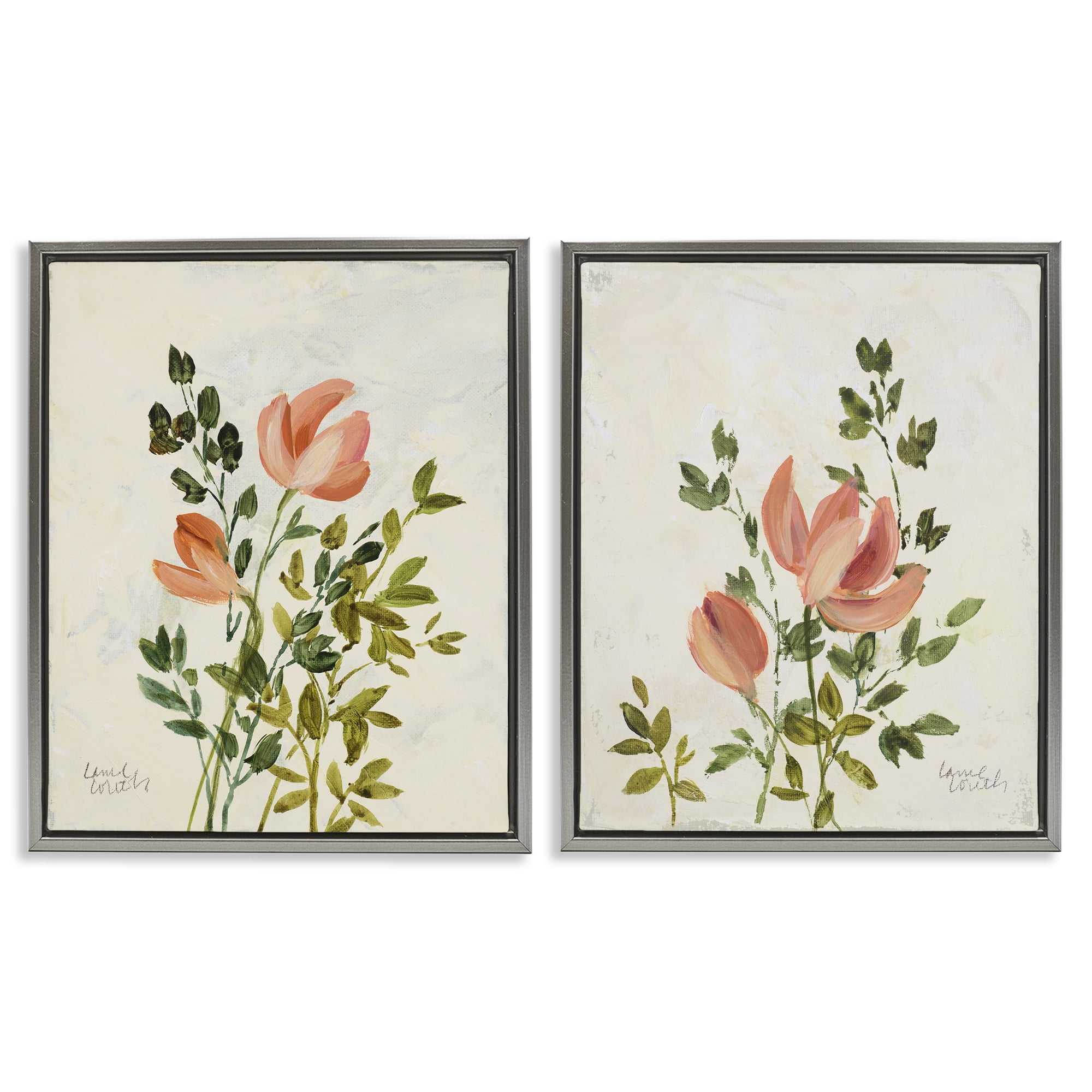 Stupell Industries Vintage Leaves & Bloom Floral & Botanical Painting Gray Floater Framed Canvas Art Print Wall Art, 17 x 21, Set of 2