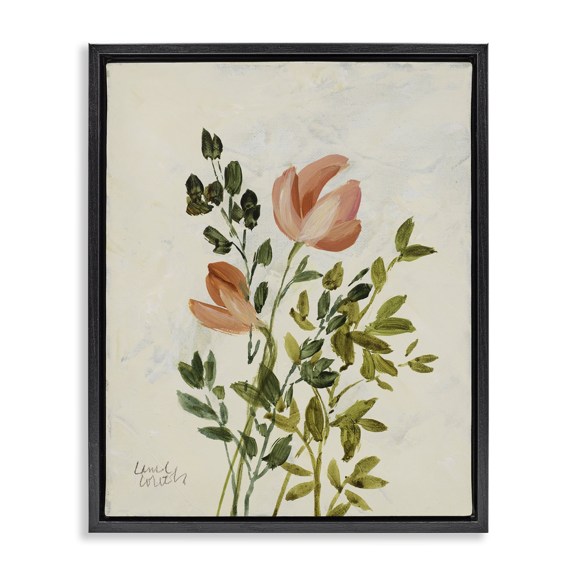Stupell Industries Vintage Leaves Pink Blossom Floral & Botanical Painting Black Floater Framed Canvas Art Print Wall Art, 25 x 31