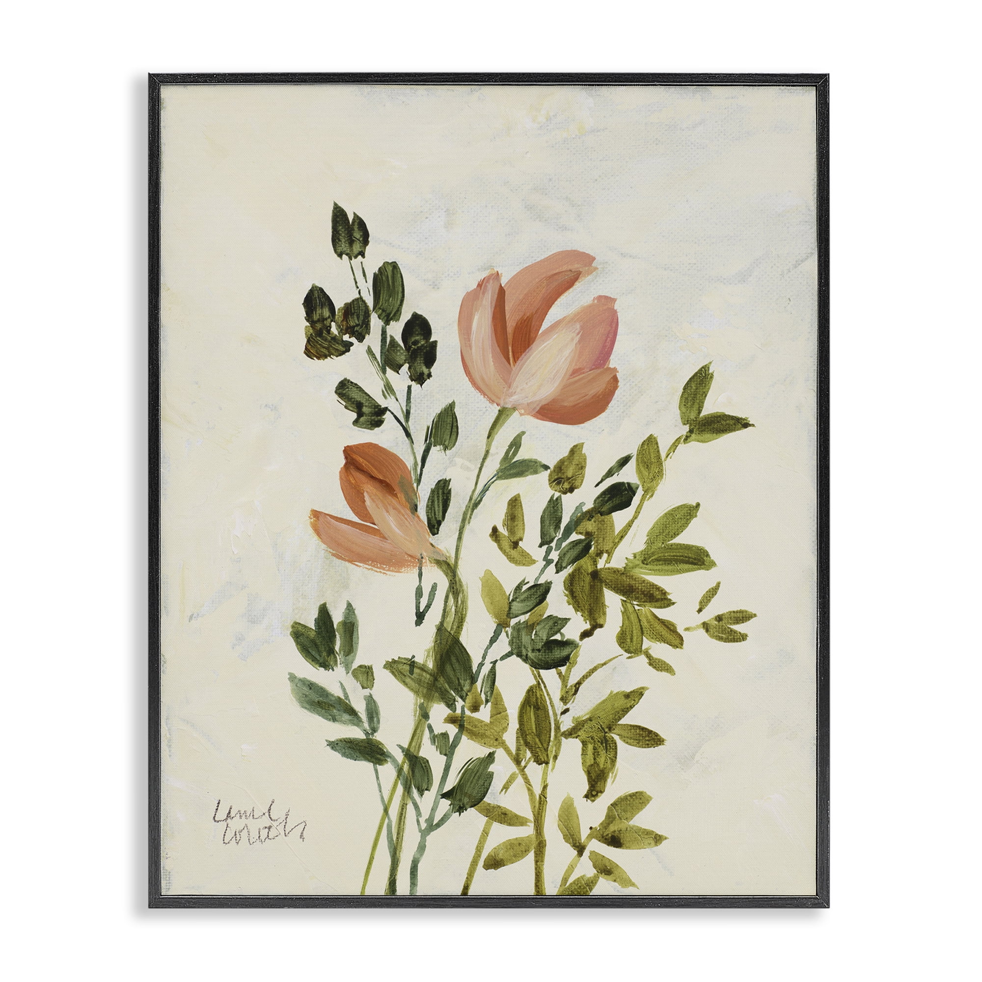 Stupell Industries Vintage Leaves Pink Blossom Floral & Botanical Painting Black Framed Art Print Wall Art, 24 x 30