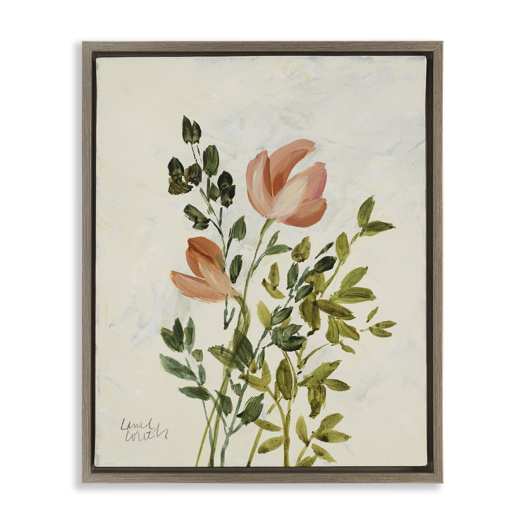 Stupell Industries Vintage Leaves Pink Blossom Floral & Botanical Painting Brown Floater Framed Canvas Art Print Wall Art, 17 x 21