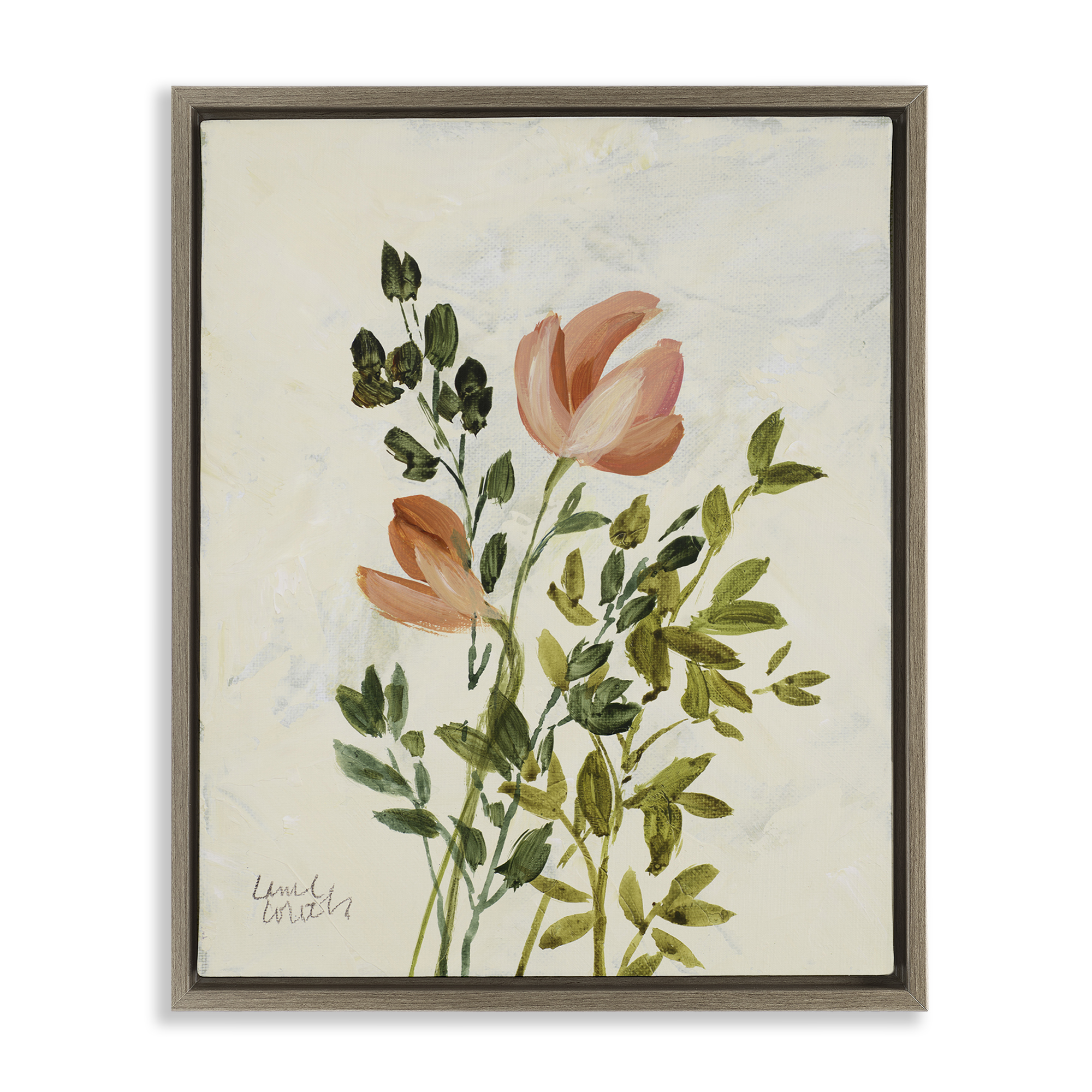 Stupell Industries Vintage Leaves Pink Blossom Floral & Botanical Painting Brown Floater Framed Canvas Art Print Wall Art, 25 x 31