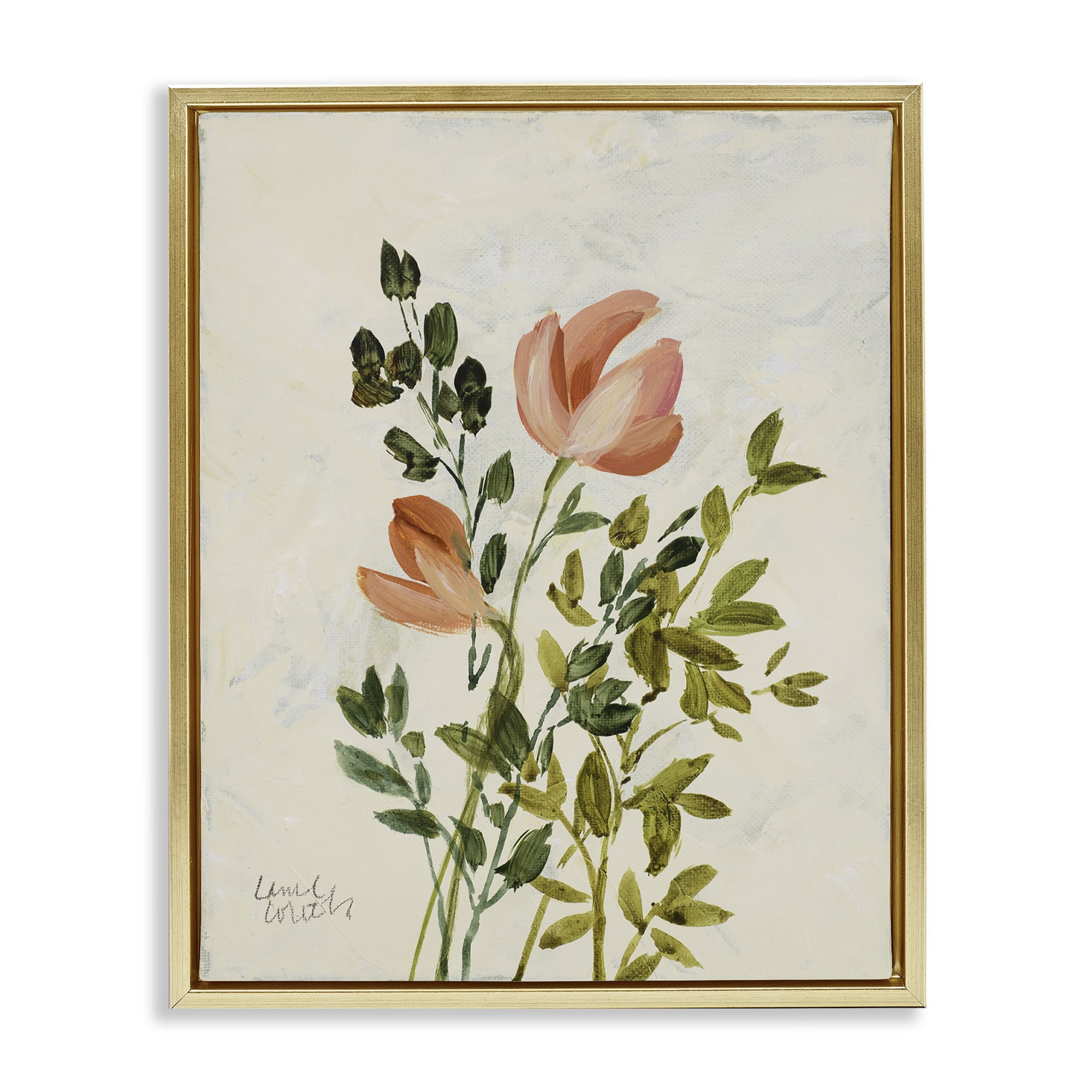 Stupell Industries Vintage Leaves Pink Blossom Floral & Botanical Painting Gold Floater Framed Canvas Art Print Wall Art, 25 x 31