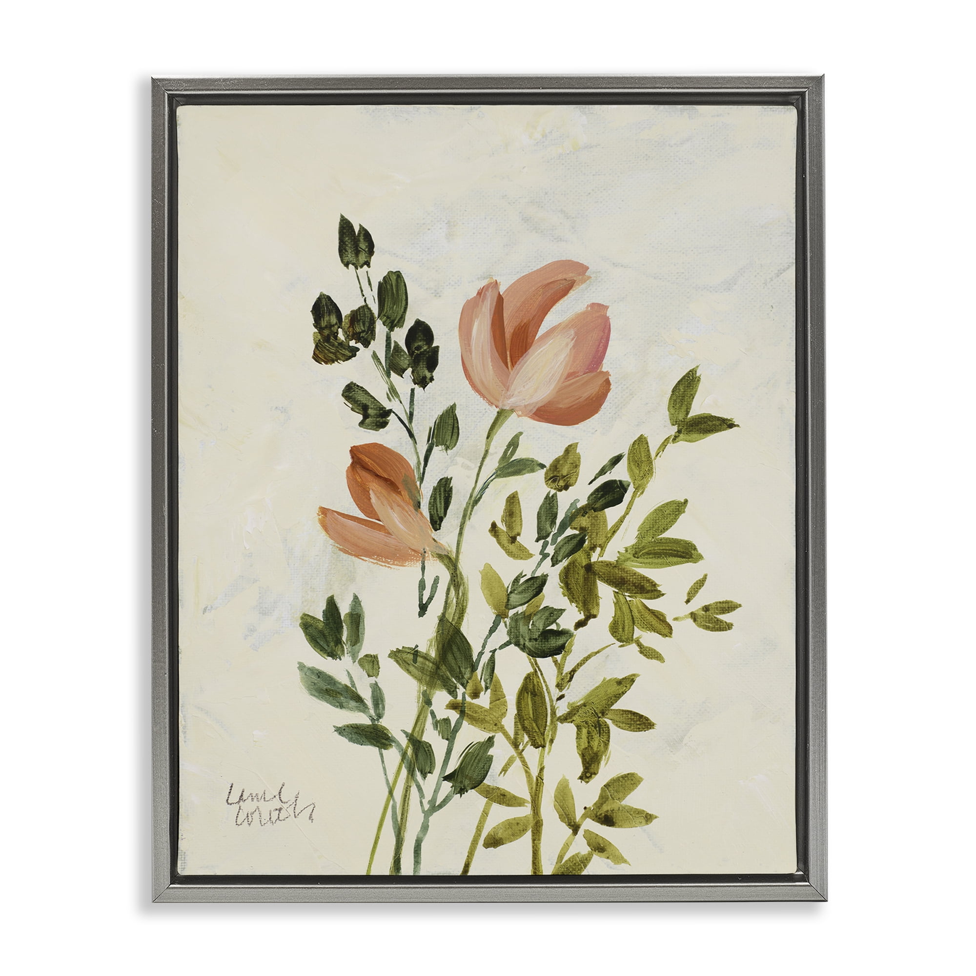 Stupell Industries Vintage Leaves Pink Blossom Floral & Botanical Painting Gray Floater Framed Canvas Art Print Wall Art, 17 x 21