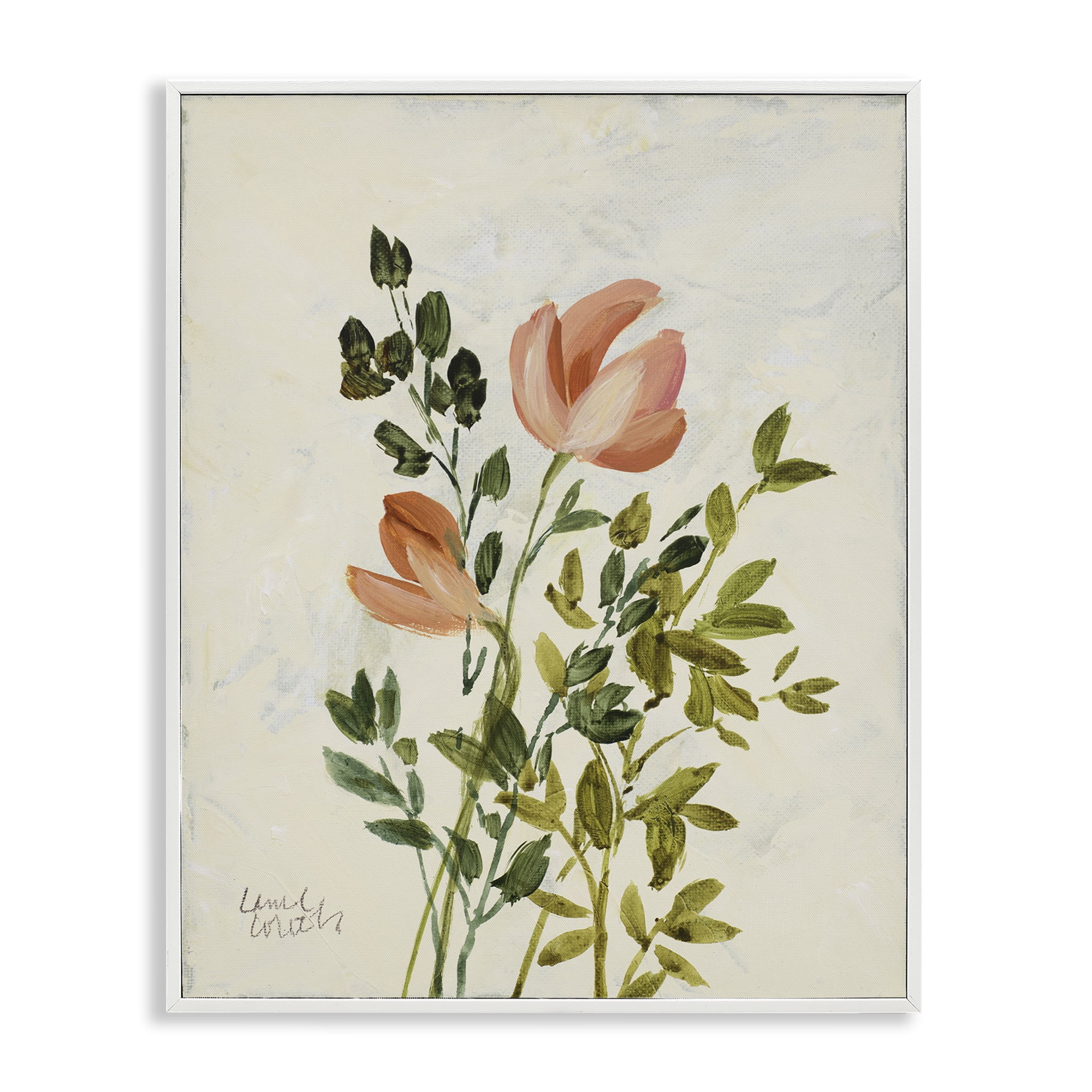 Stupell Industries Vintage Leaves Pink Blossom Floral & Botanical Painting White Framed Art Print Wall Art, 24 x 30