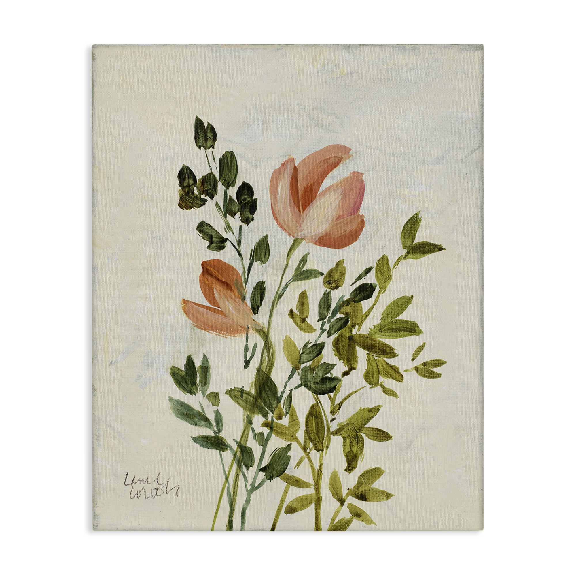 Stupell Industries Vintage Leaves Pink Blossom Floral & Botanical Painting Wrapped Canvas Art Print Wall Art, 24 x 30