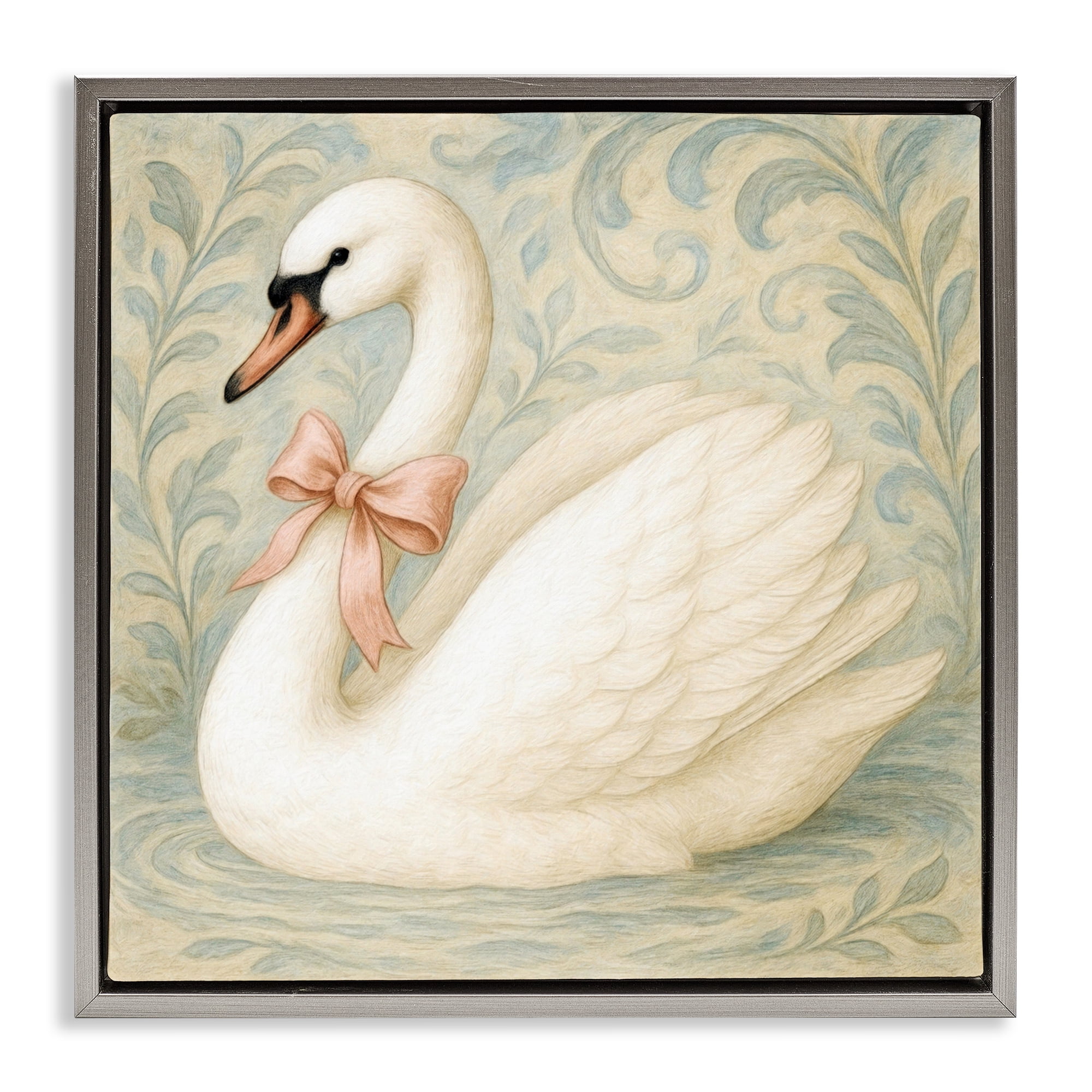 Stupell Industries Vintage Leaves Swan Gray Framed Floater Canvas Wall Art, design by Grotto Studios