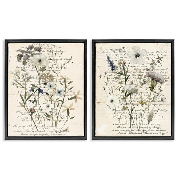 Stupell Industries Vintage Letters with Botanicals Plants & Flowers Painting Black Floater Framed Canvas Art Print Wall Art, 17 x 21, Set of 2